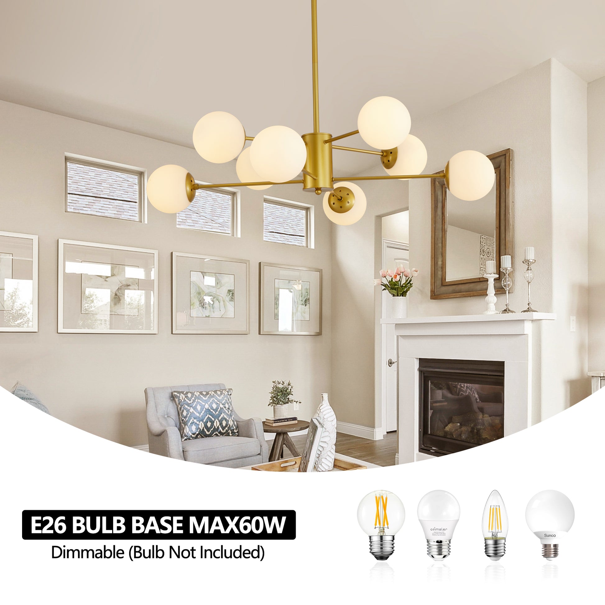Gold modern Sputnik chandelier with frosted glass globe shades illuminating a living room