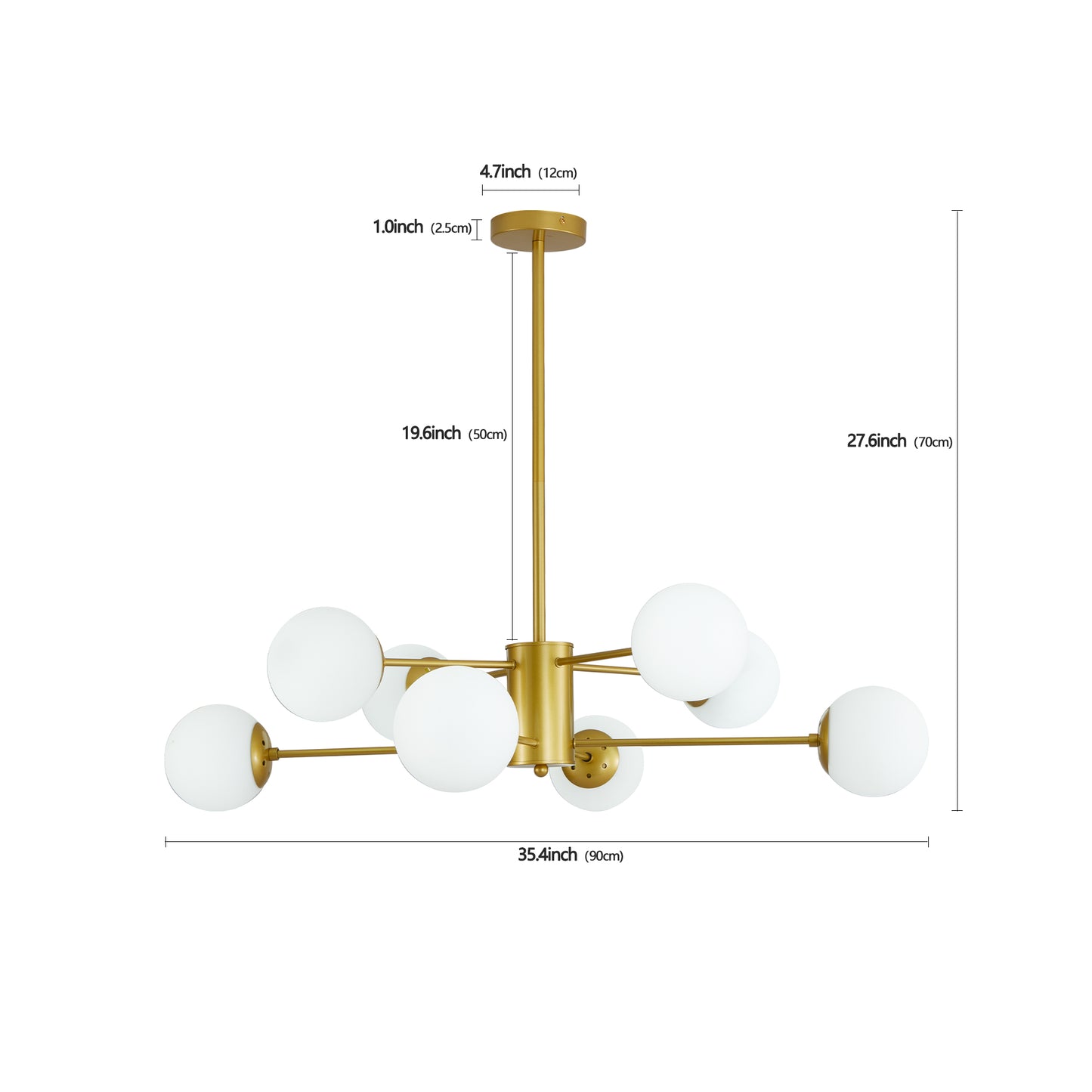 Modern gold sputnik chandelier with eight frosted glass globe shades