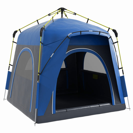 Blue and gray instant pop up tent with mesh windows and open door for camping
