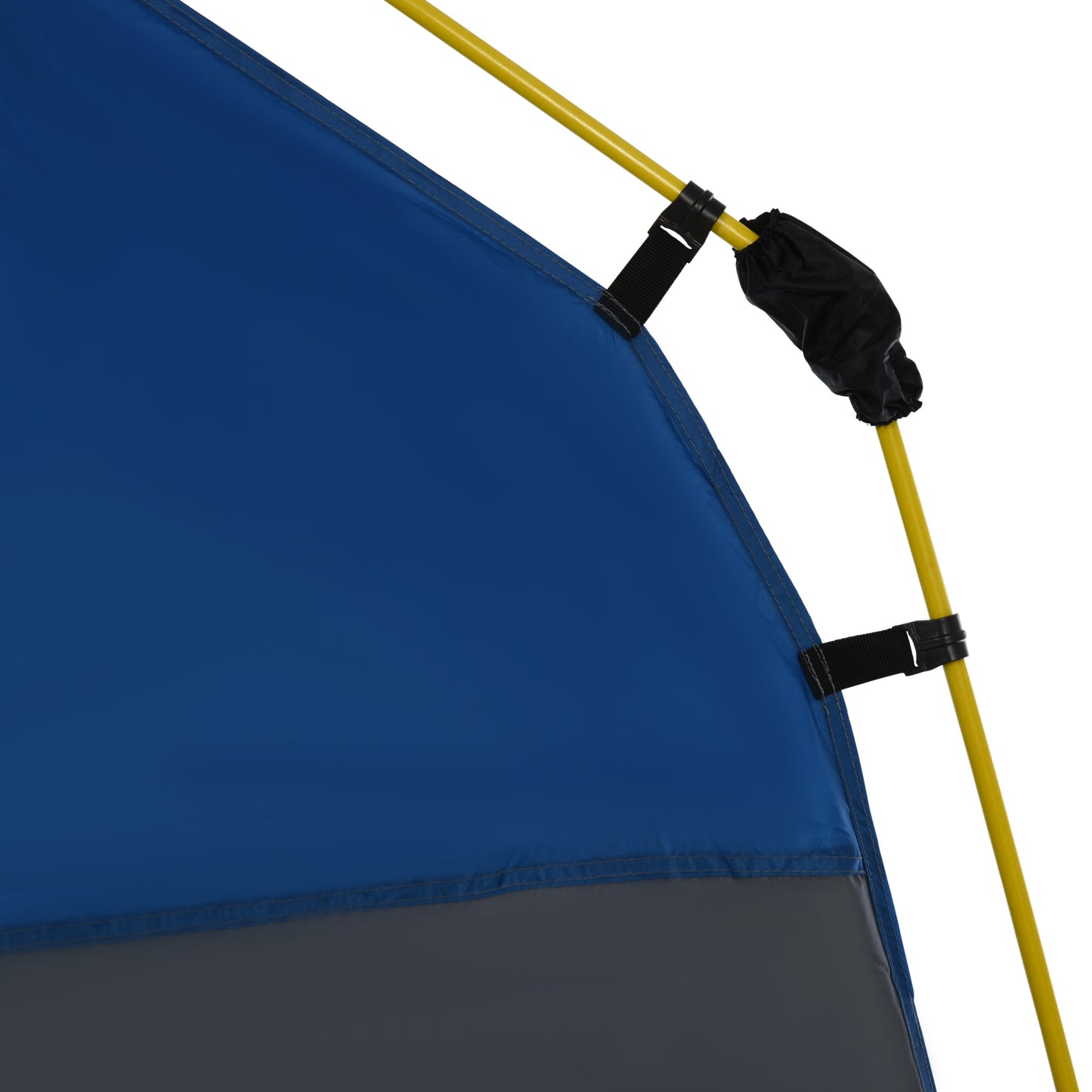 Closeup of a blue and grey tent fabric with a yellow tent pole and black clips