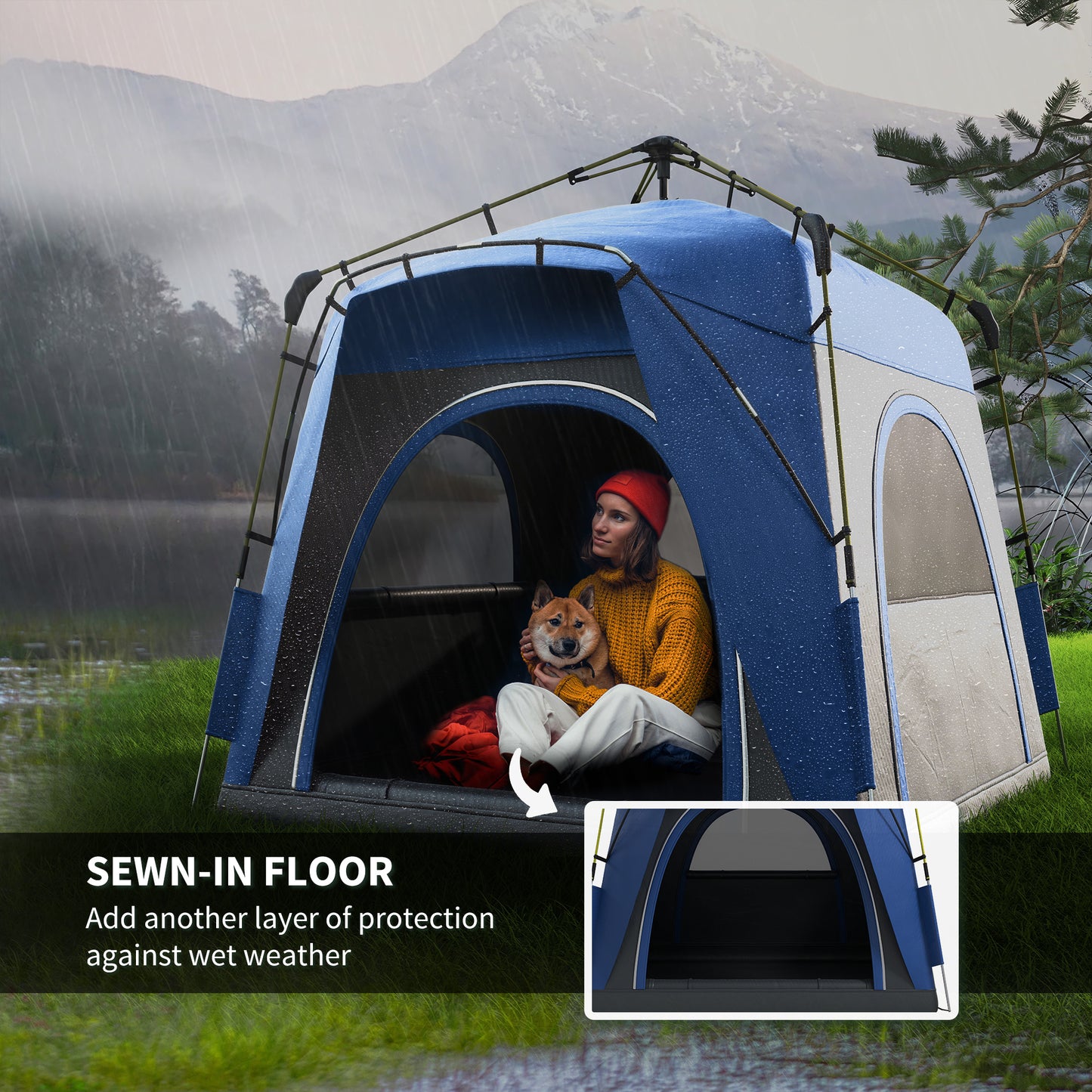 Blue and gray outdoor tent with sewnin floor ideal for camping adventures