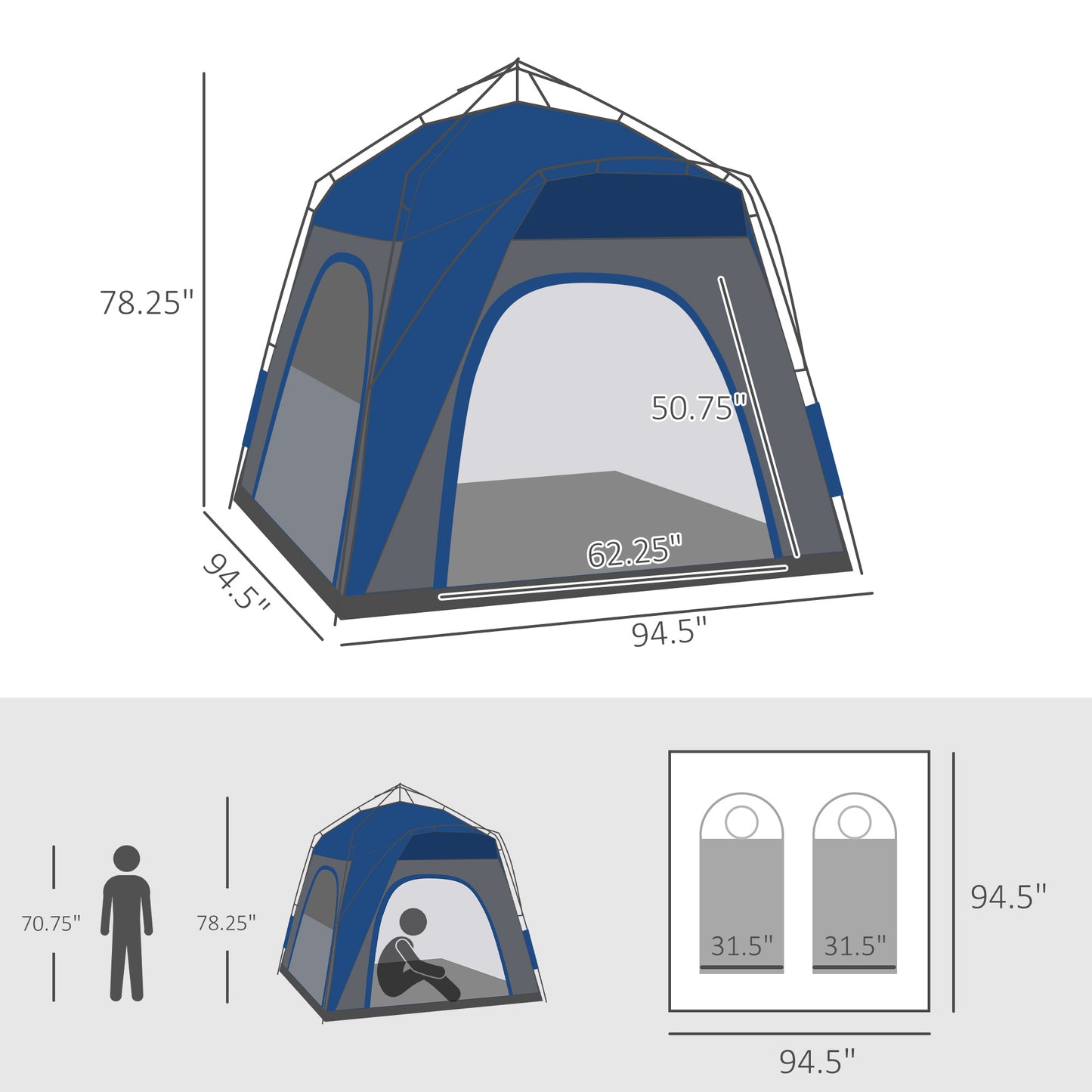 Blue person camping tent with mesh screen door and dimensions labeled