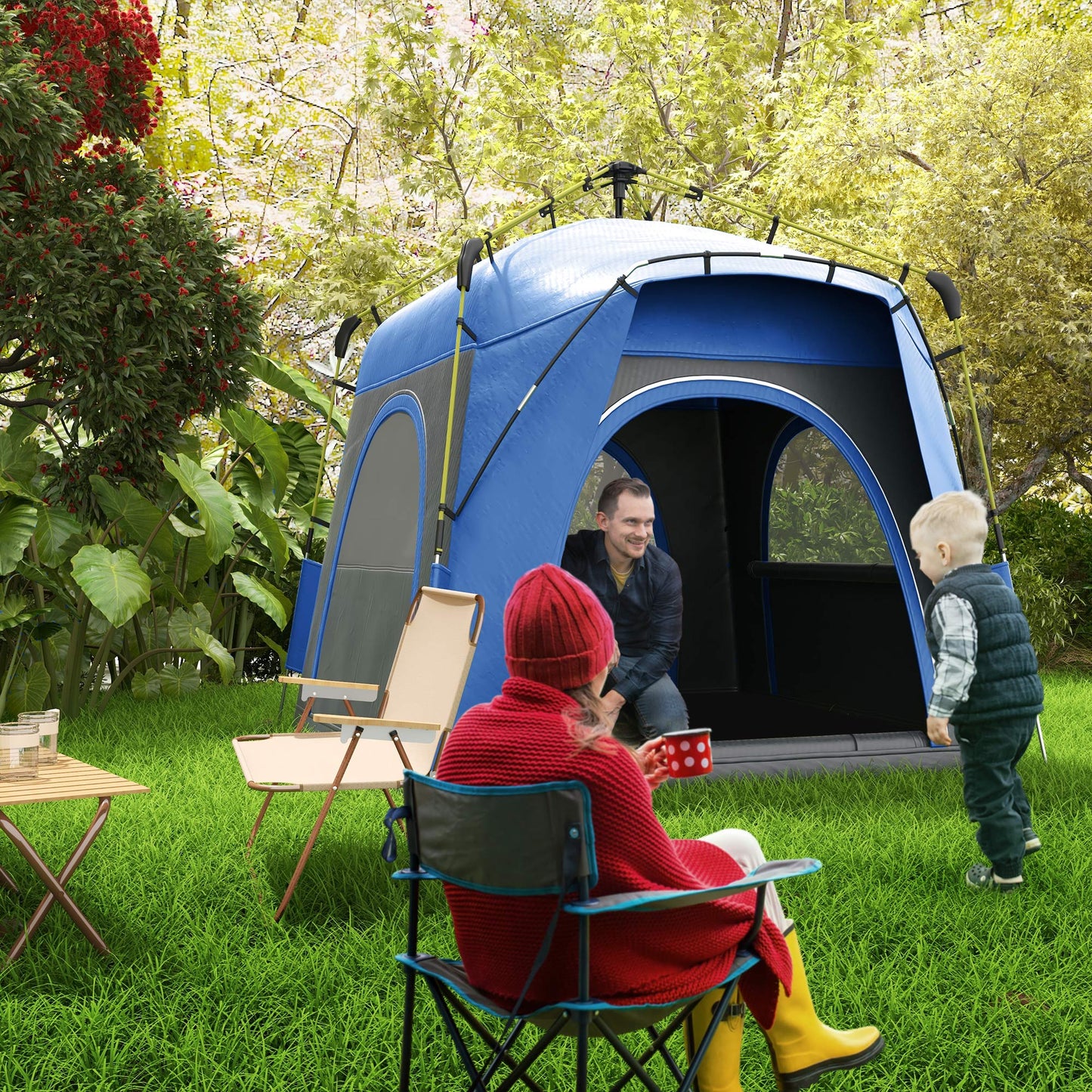 Blue popup tent with mesh windows ideal for family camping trips