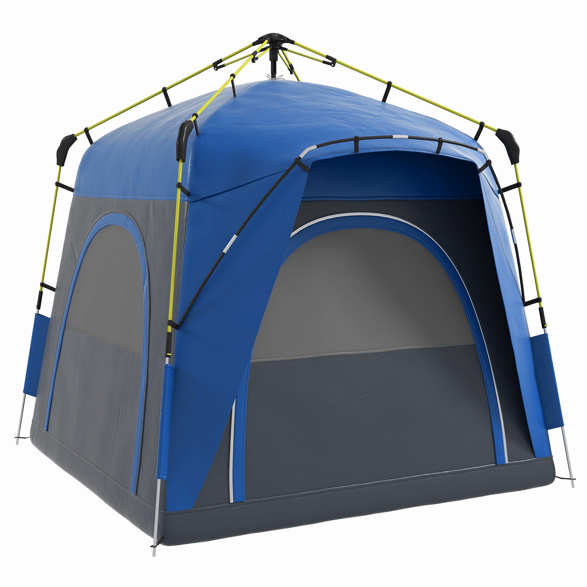 Blue and gray popup camping tent with yellow poles and mesh windows