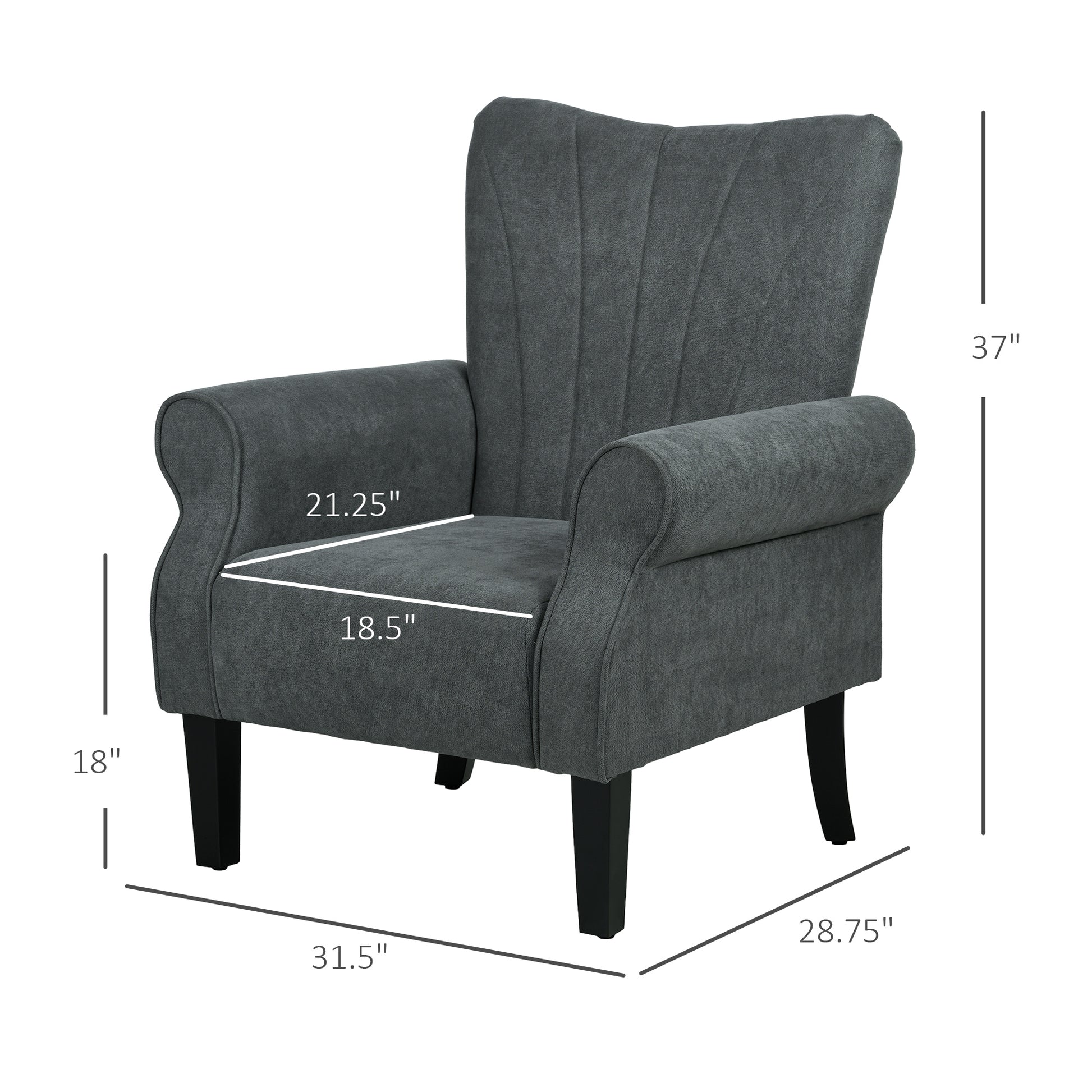 Dark gray upholstered accent chair with fluted back and rolled arms