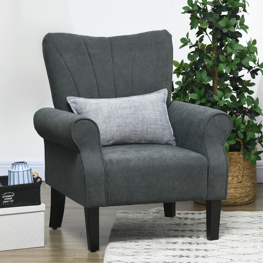 Dark grey accent chair with channel tufting and rolled arms perfect for a living room