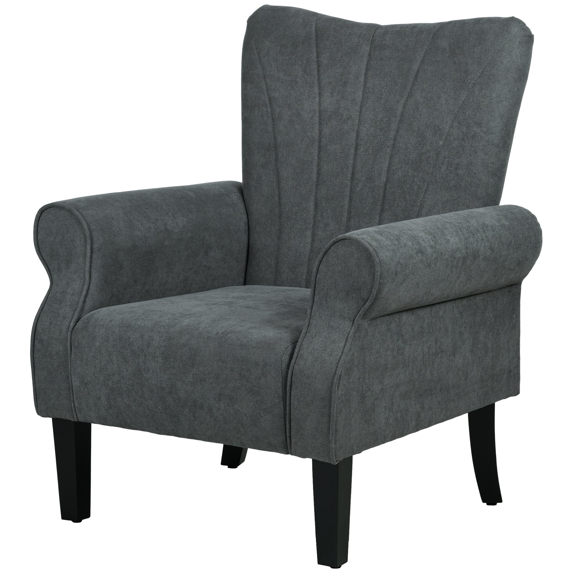 Dark grey upholstered accent chair with fluted back and rolled arms perfect for living rooms