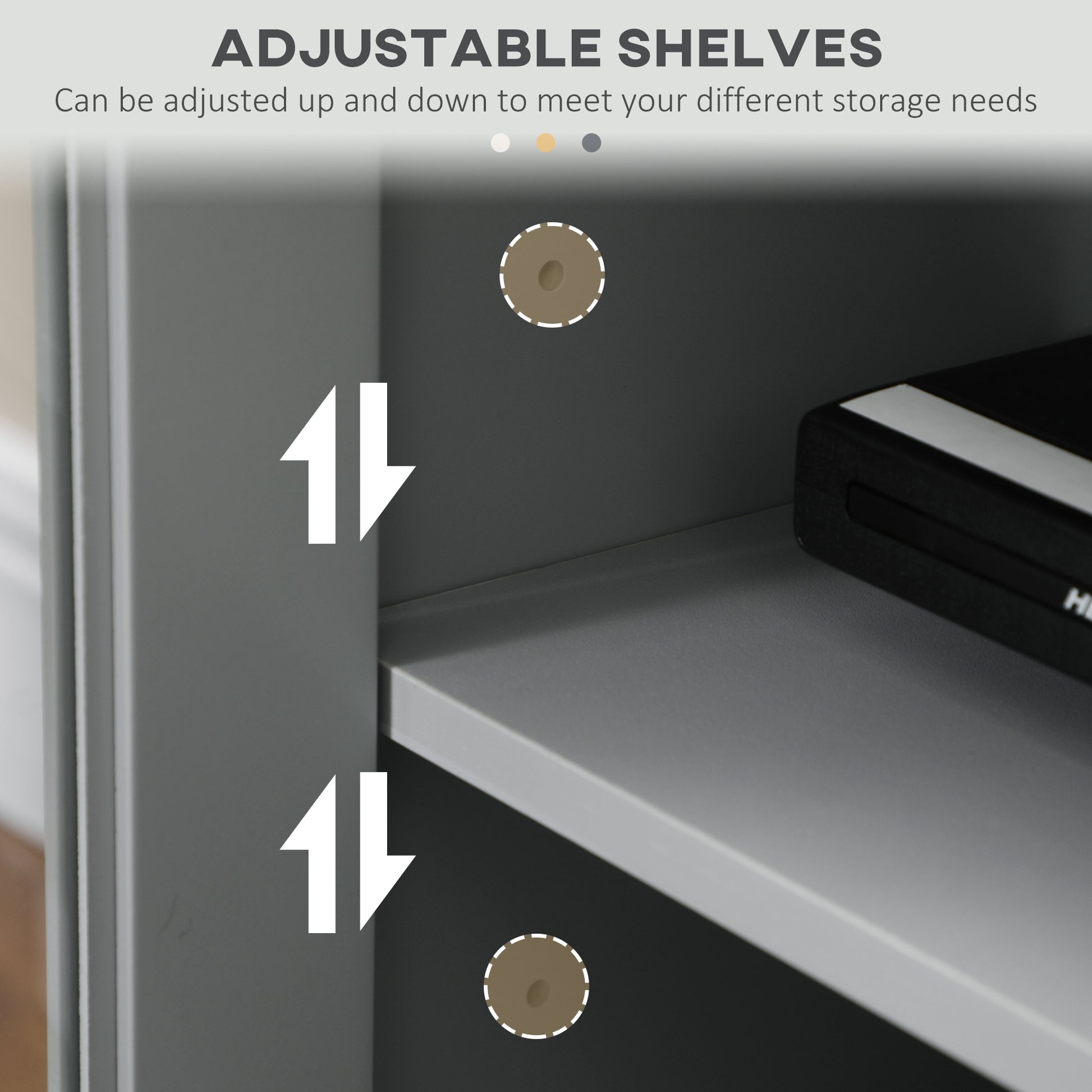 Gray cabinet with adjustable shelves and directional arrows indicating up and down movement