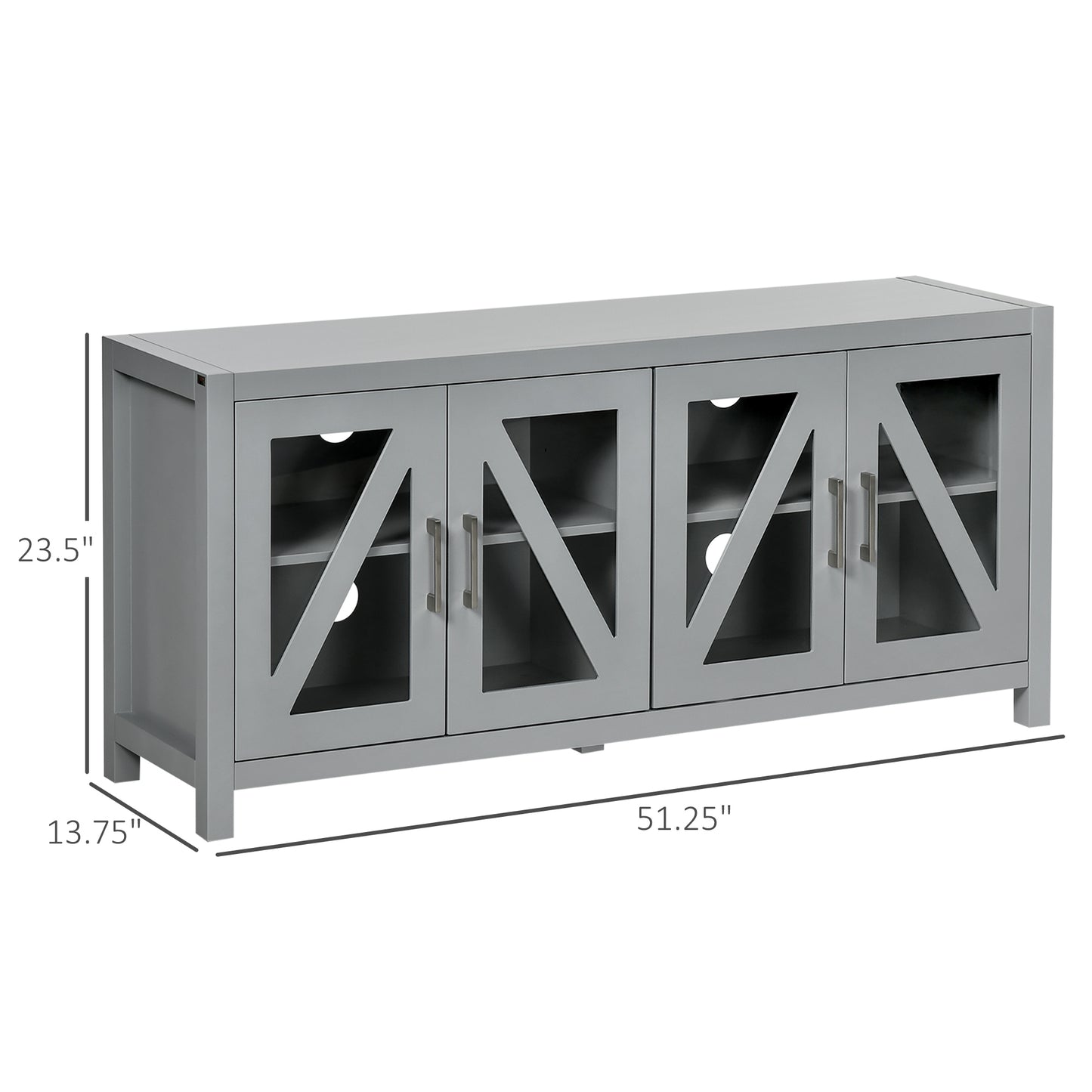 Gray TV stand with four glass doors featuring a crisscross design and silver handles