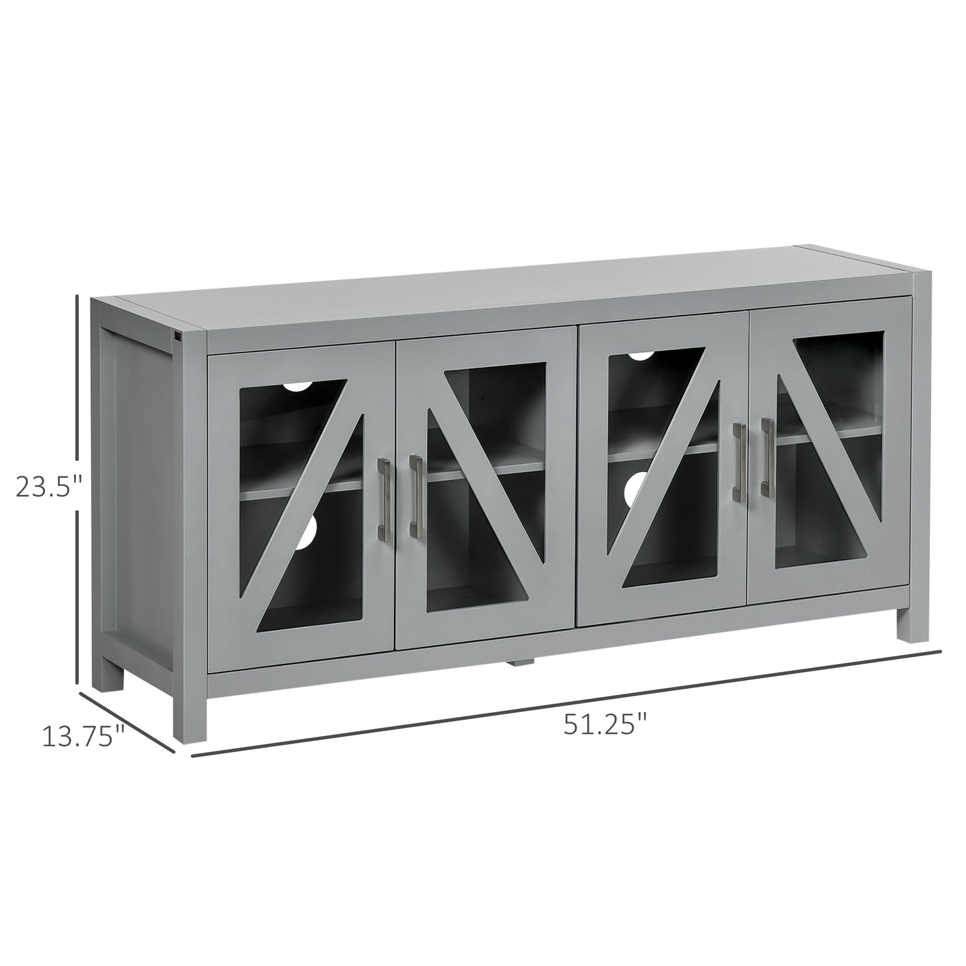 Gray TV stand with four glass doors featuring a crisscross design and silver handles