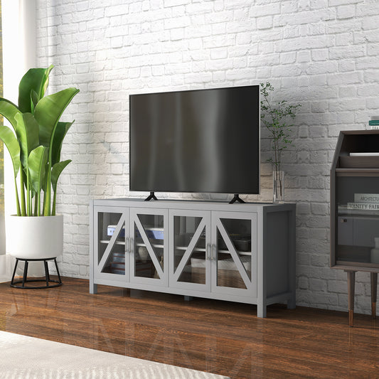 Gray media console with glass doors and Xshaped accents ideal for modern living rooms