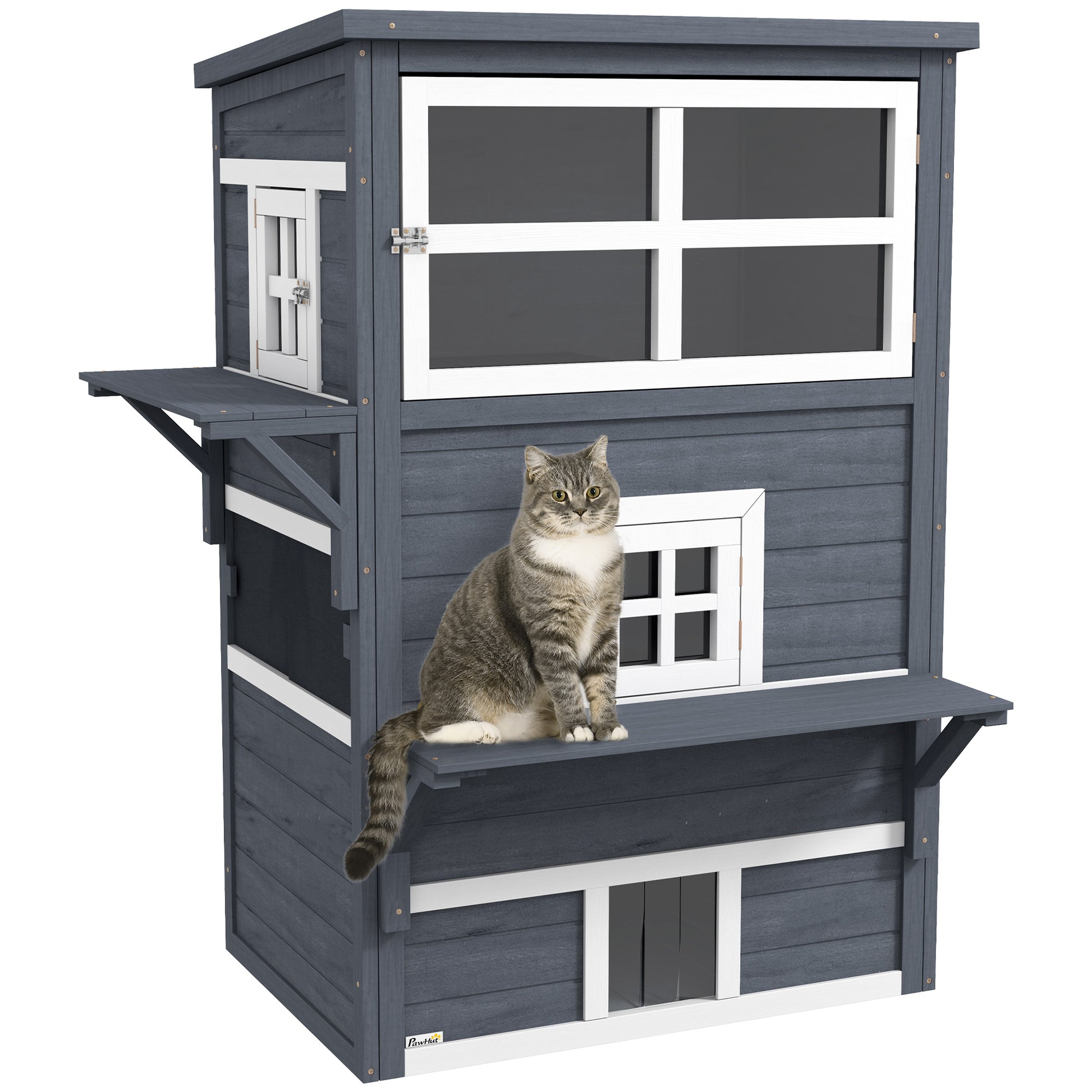 Gray wooden cat house with two levels and a resting cat