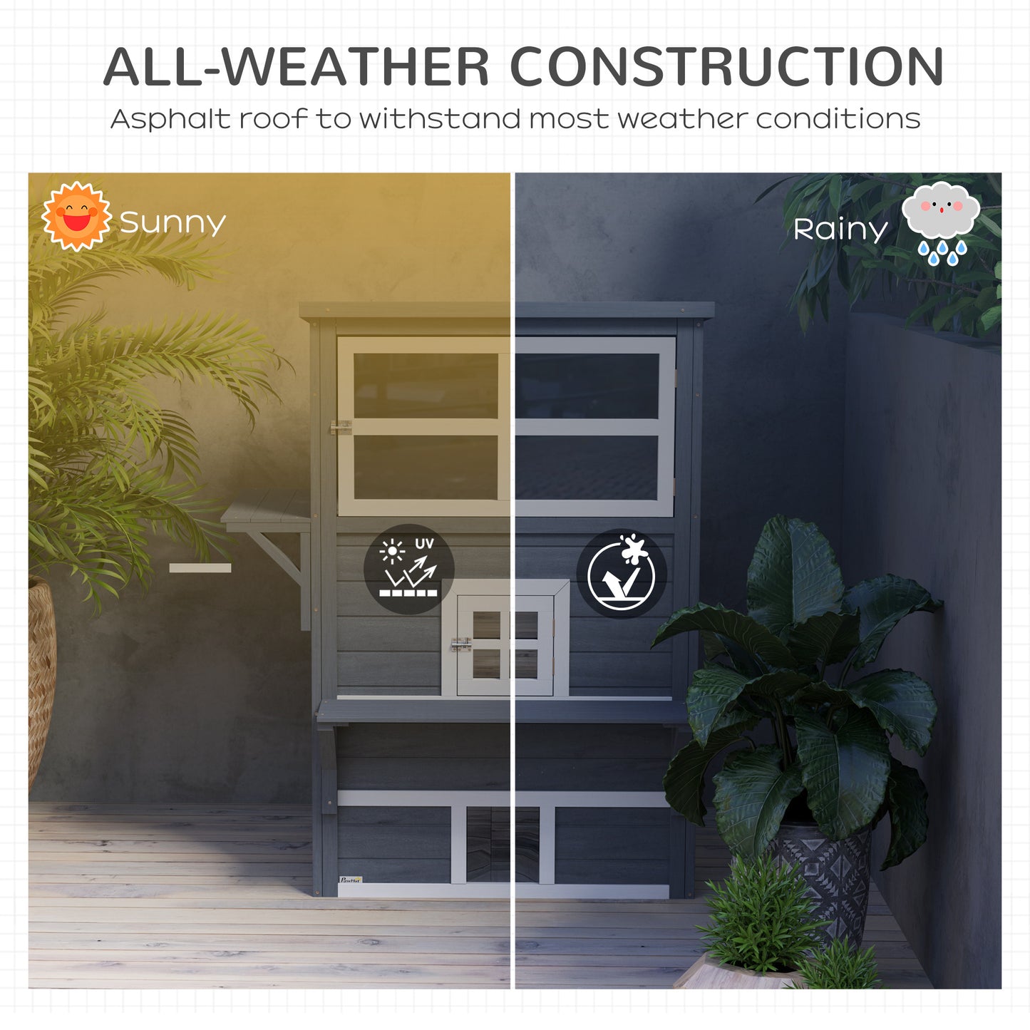 Gray wooden chicken coop with asphalt roof designed for allweather durability