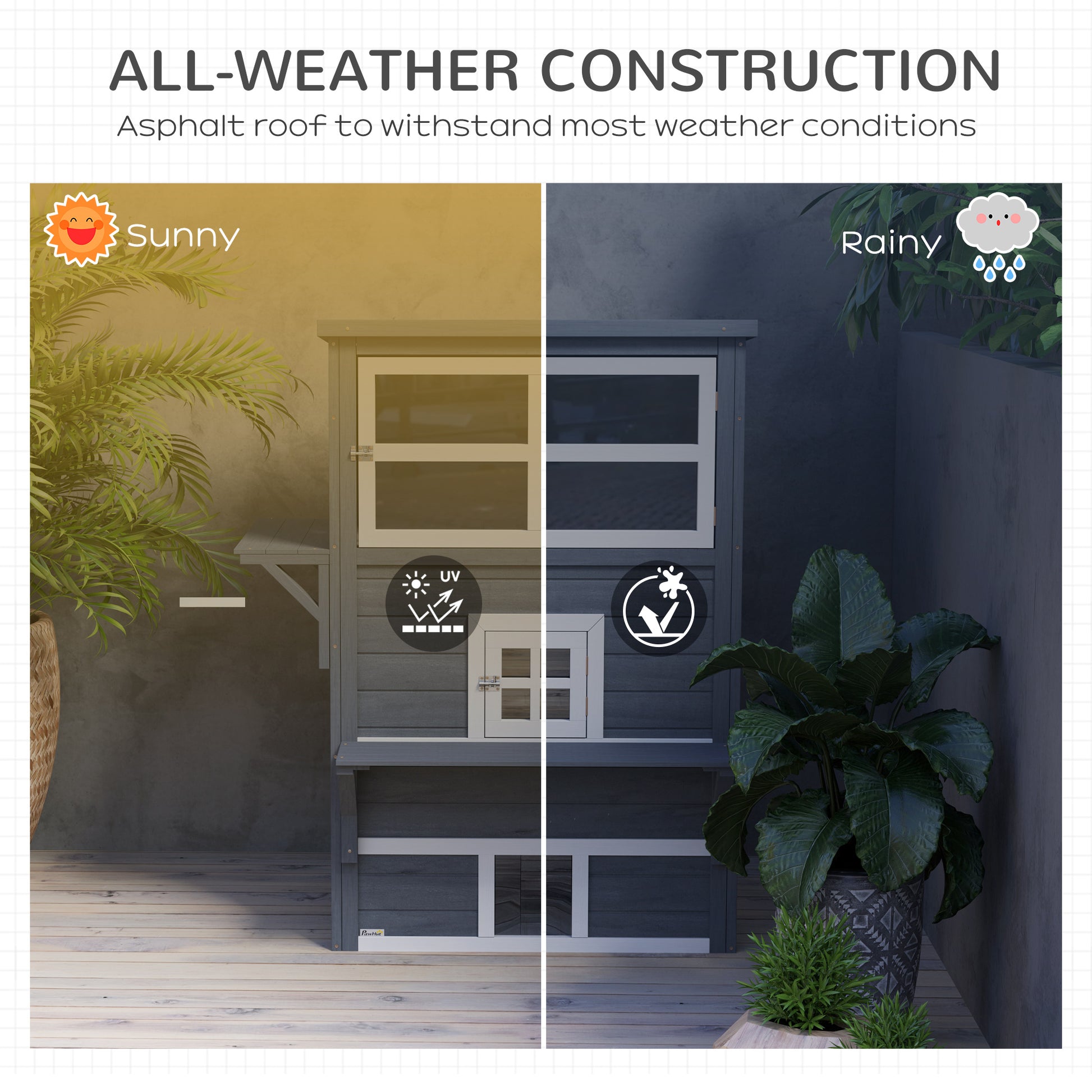 Gray wooden chicken coop with asphalt roof designed for allweather durability