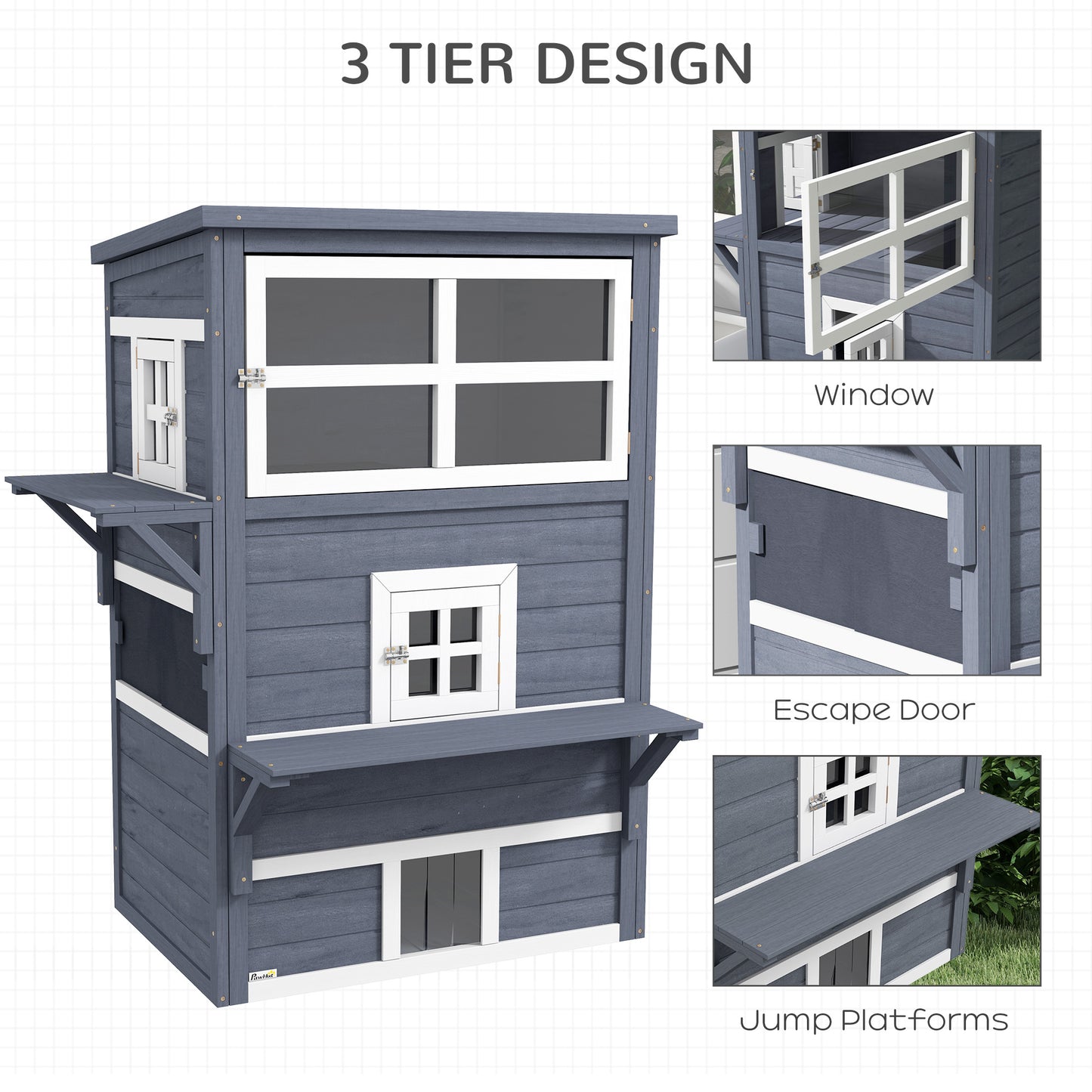 Grey wooden threetier cat house with windows and platforms