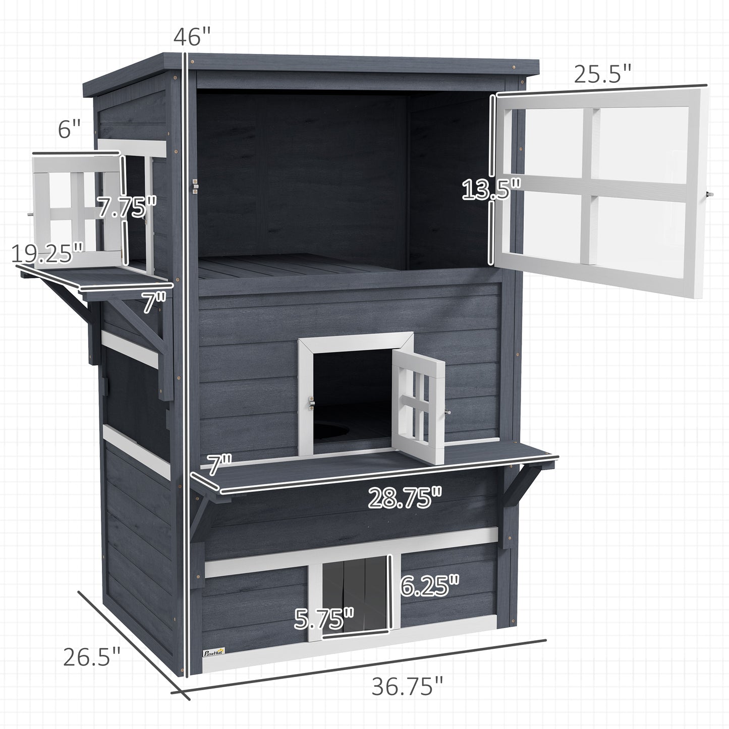 Dark gray twotier wooden cat condo with open windows and perches