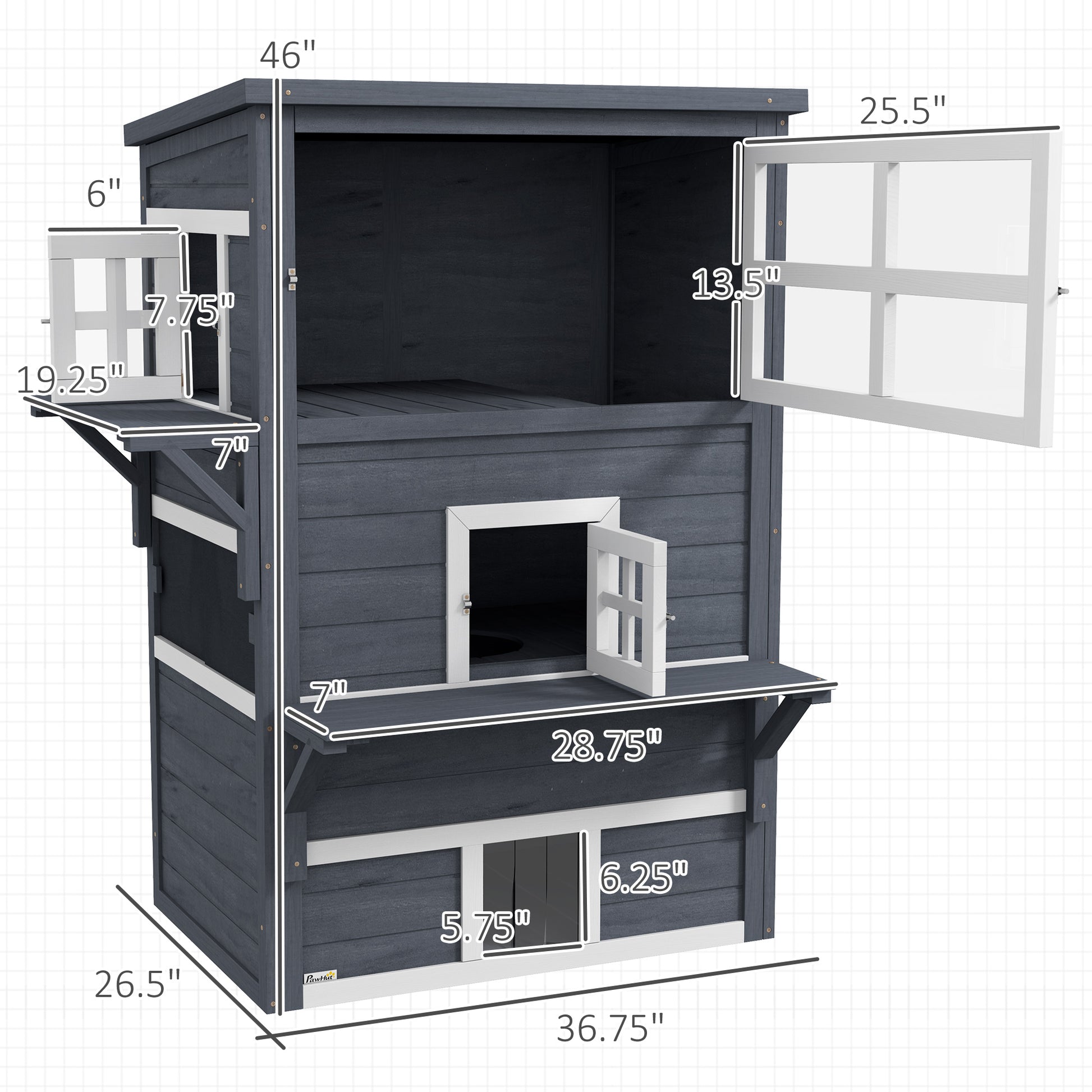 Dark gray twotier wooden cat condo with open windows and perches