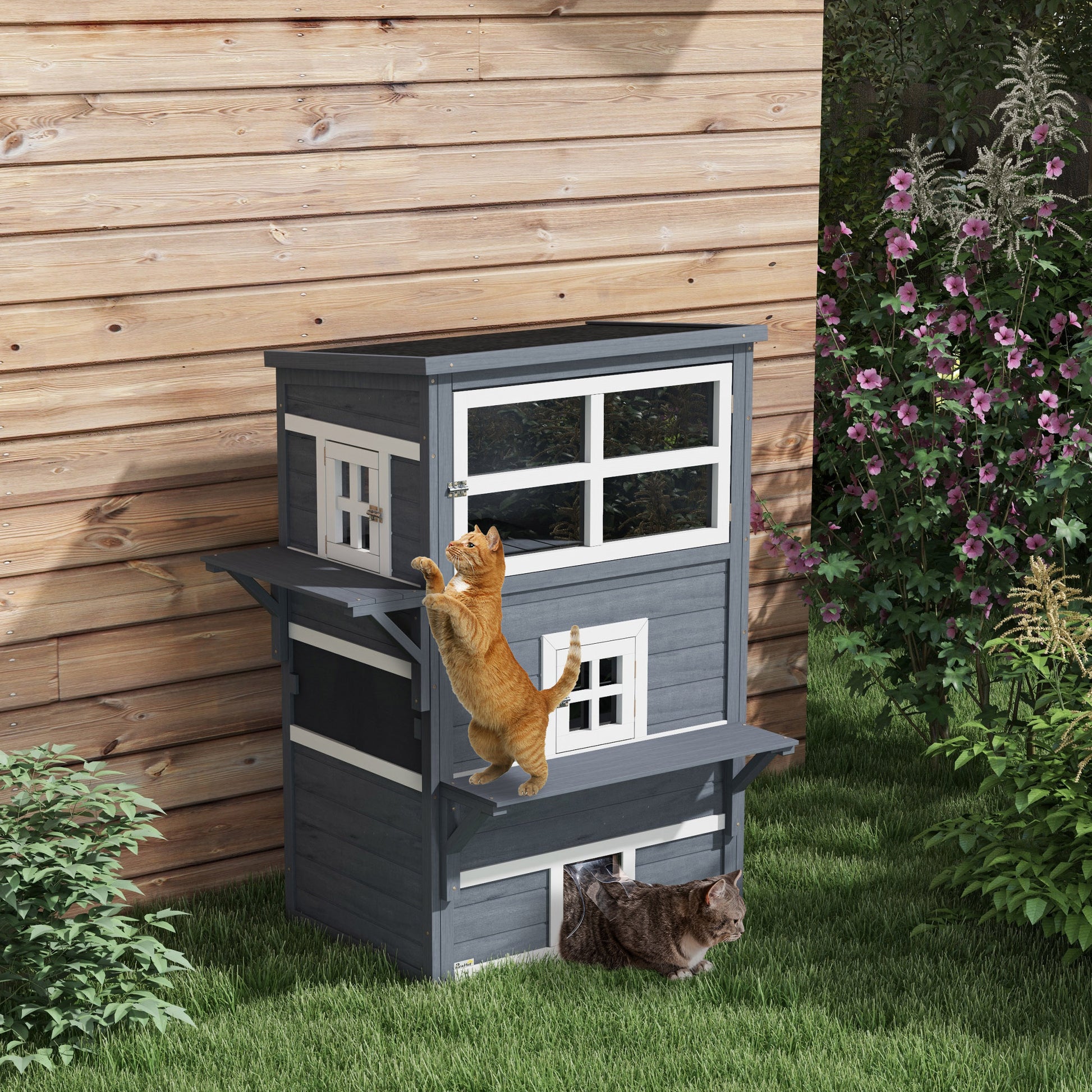 Two cats exploring a dark gray multilevel outdoor cat house with white trim and windows