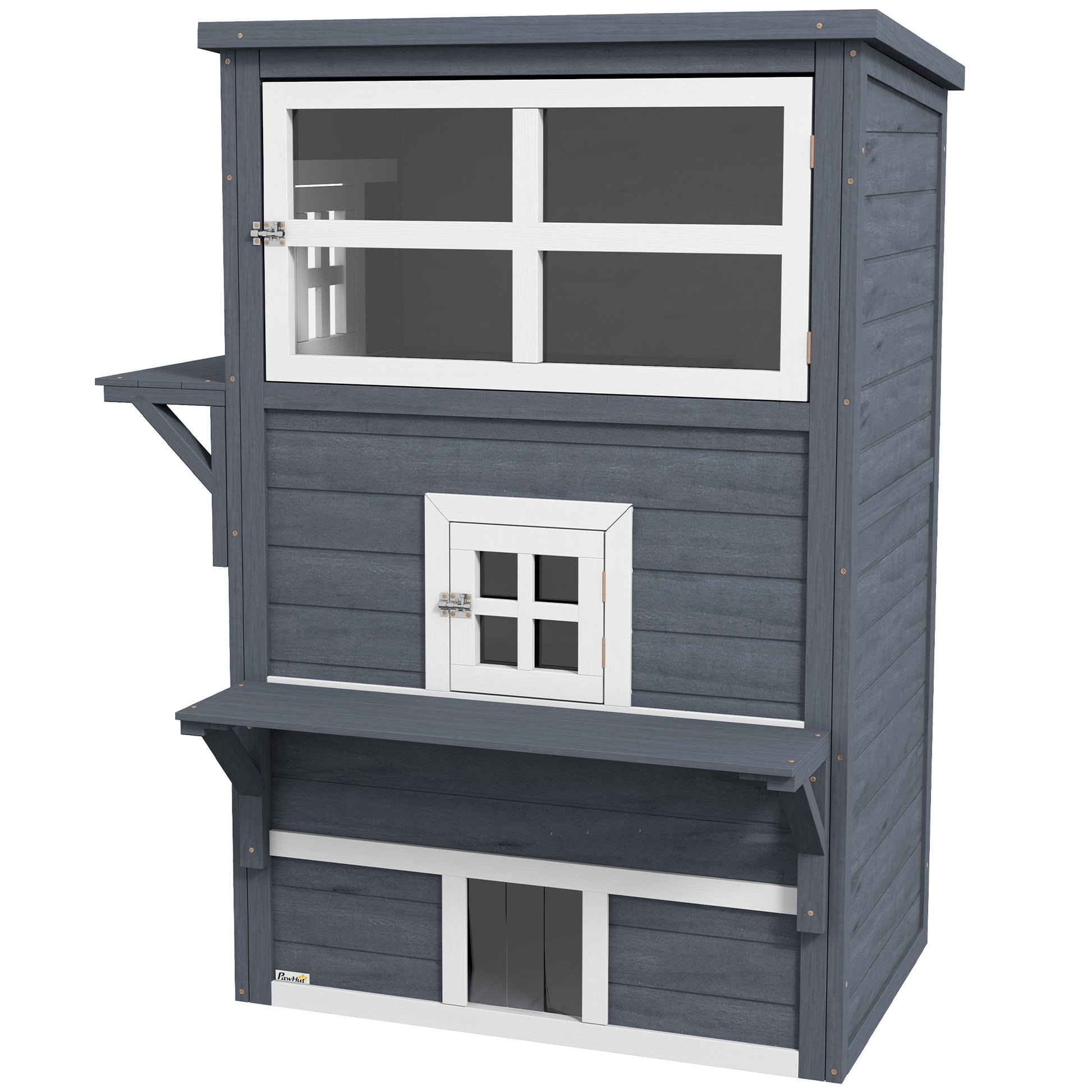 Dark gray wooden cat condo with two levels balconies and windows for outdoor pets