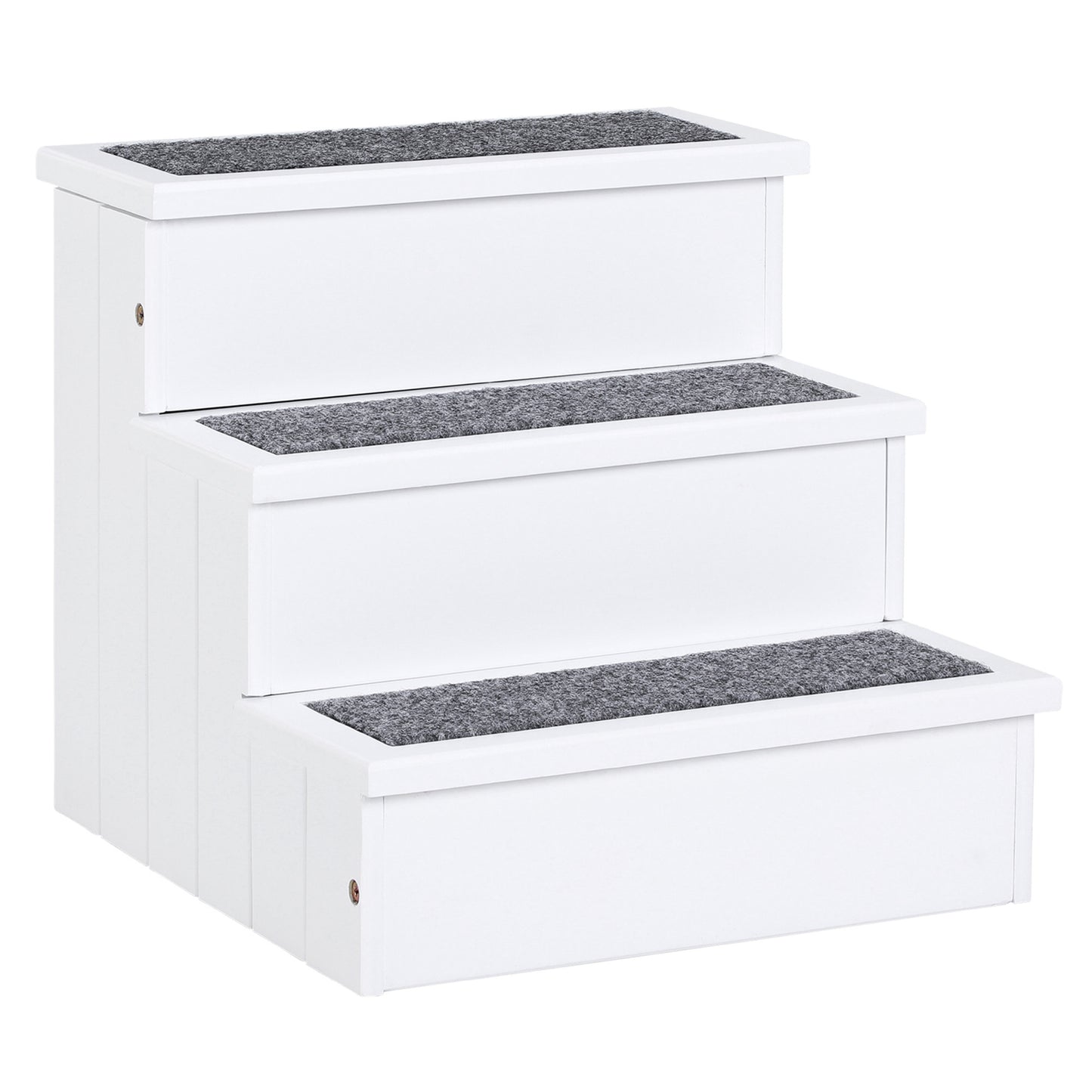 White threestep pet stairs with grey carpet treads for elderly dogs