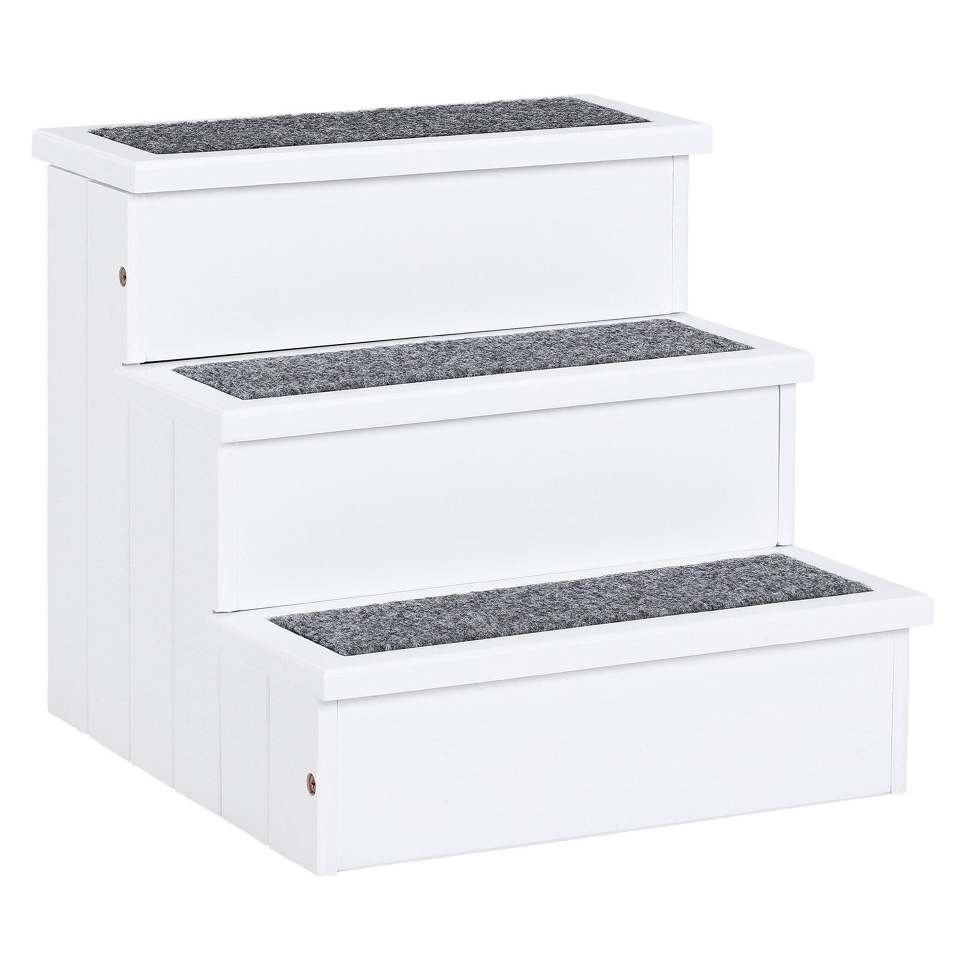 White threestep pet stairs with grey carpet treads for elderly dogs