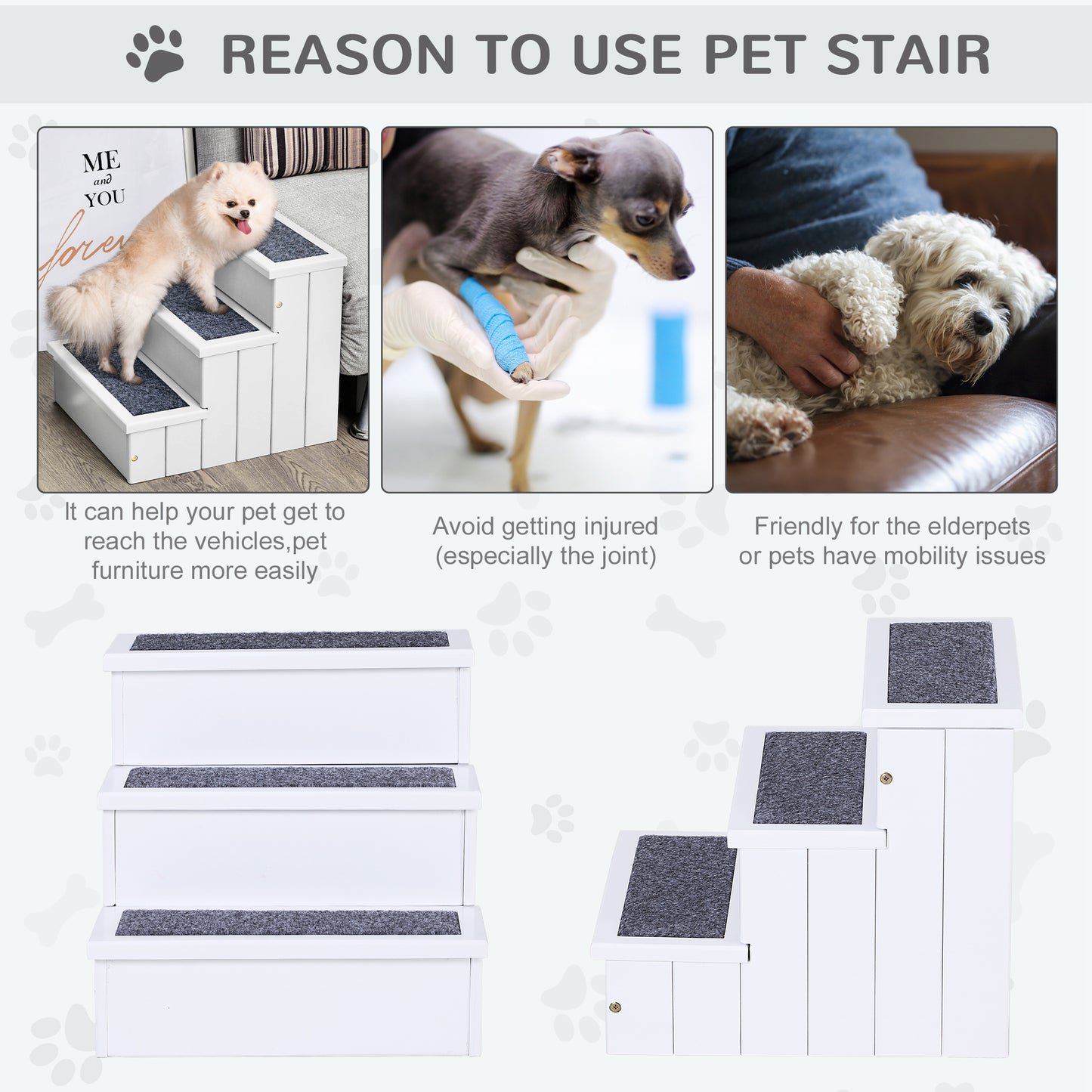 White step pet stairs with grey carpeted treads for small dogs
