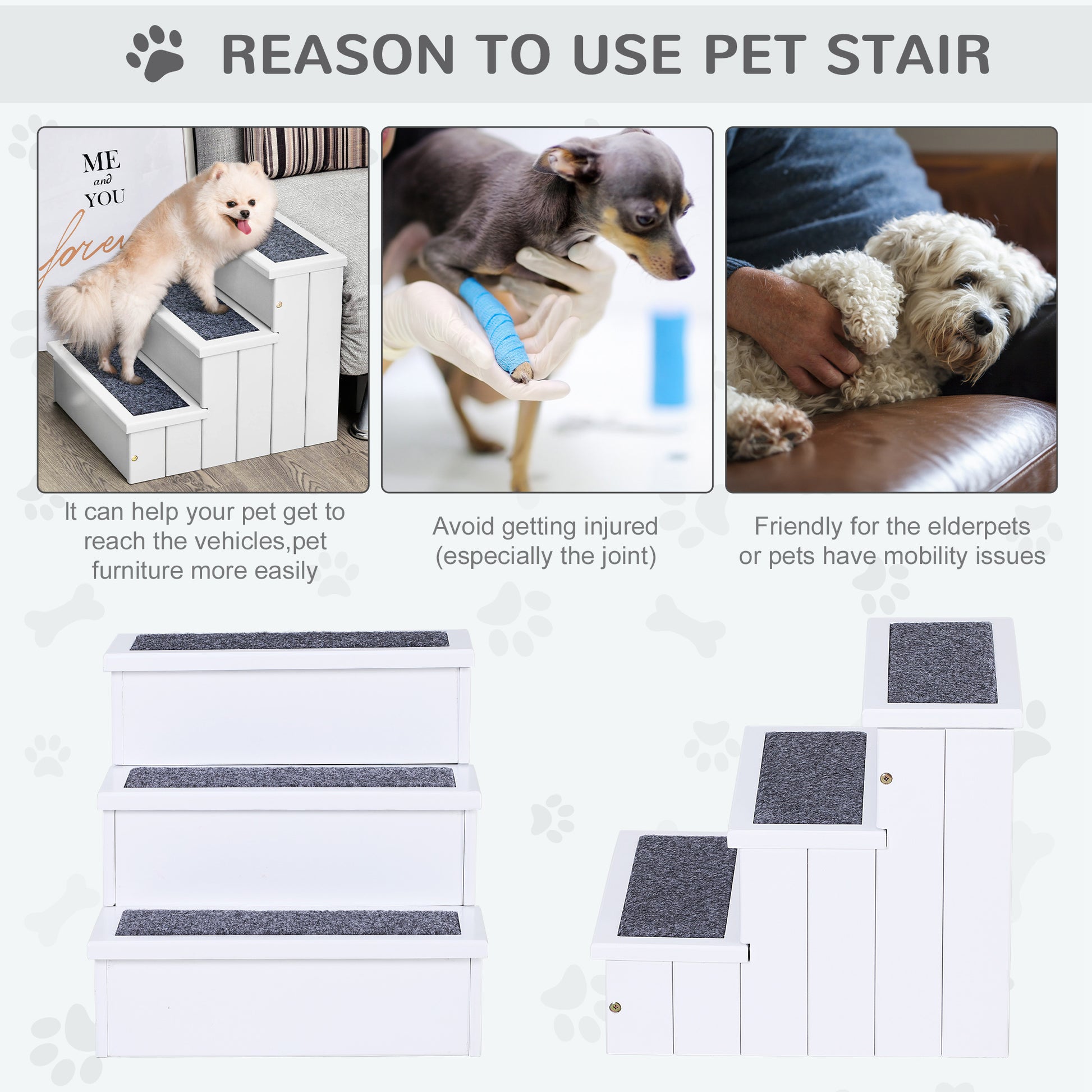 White step pet stairs with grey carpeted treads for small dogs