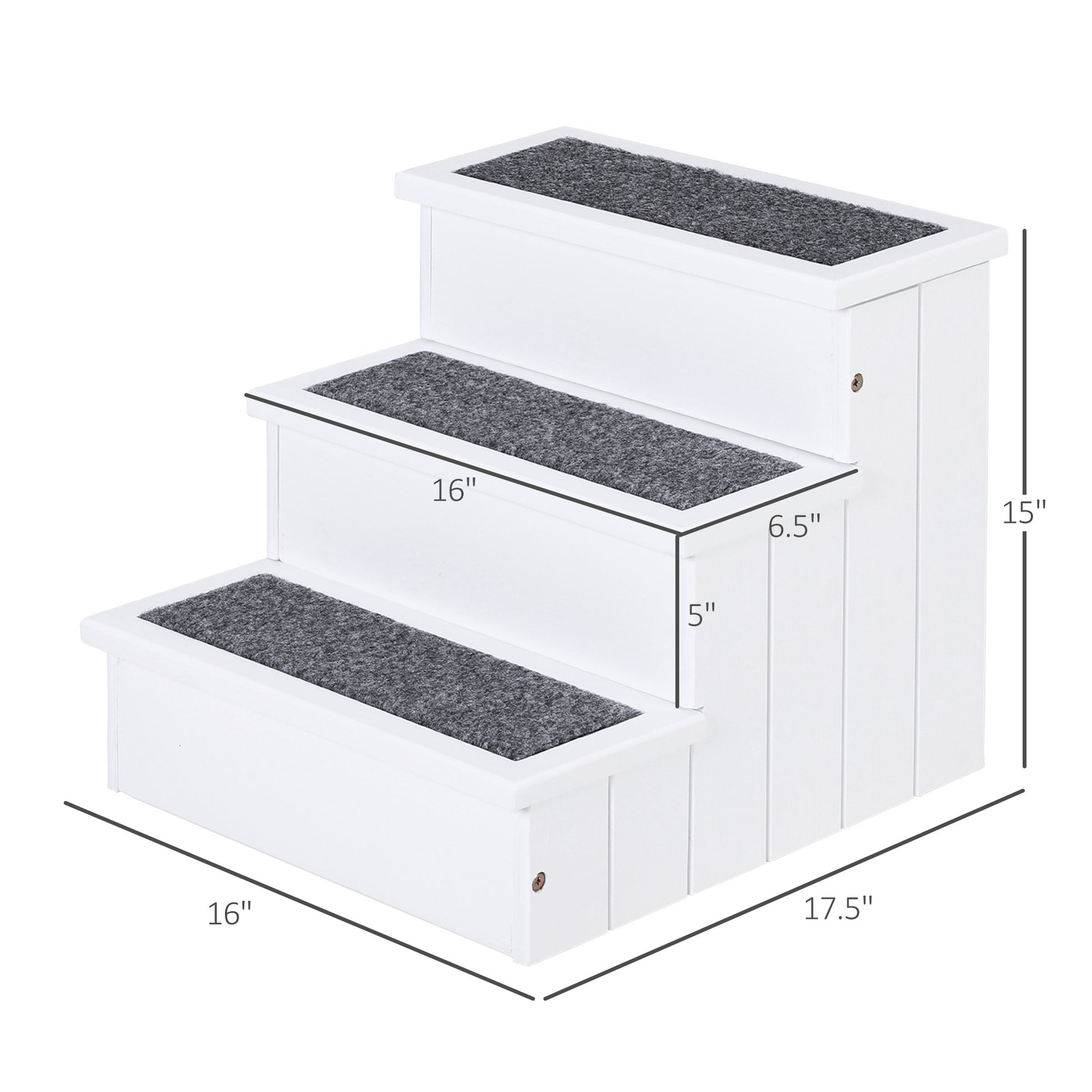 White threestep pet stairs with carpeted treads ideal for helping dogs reach furniture