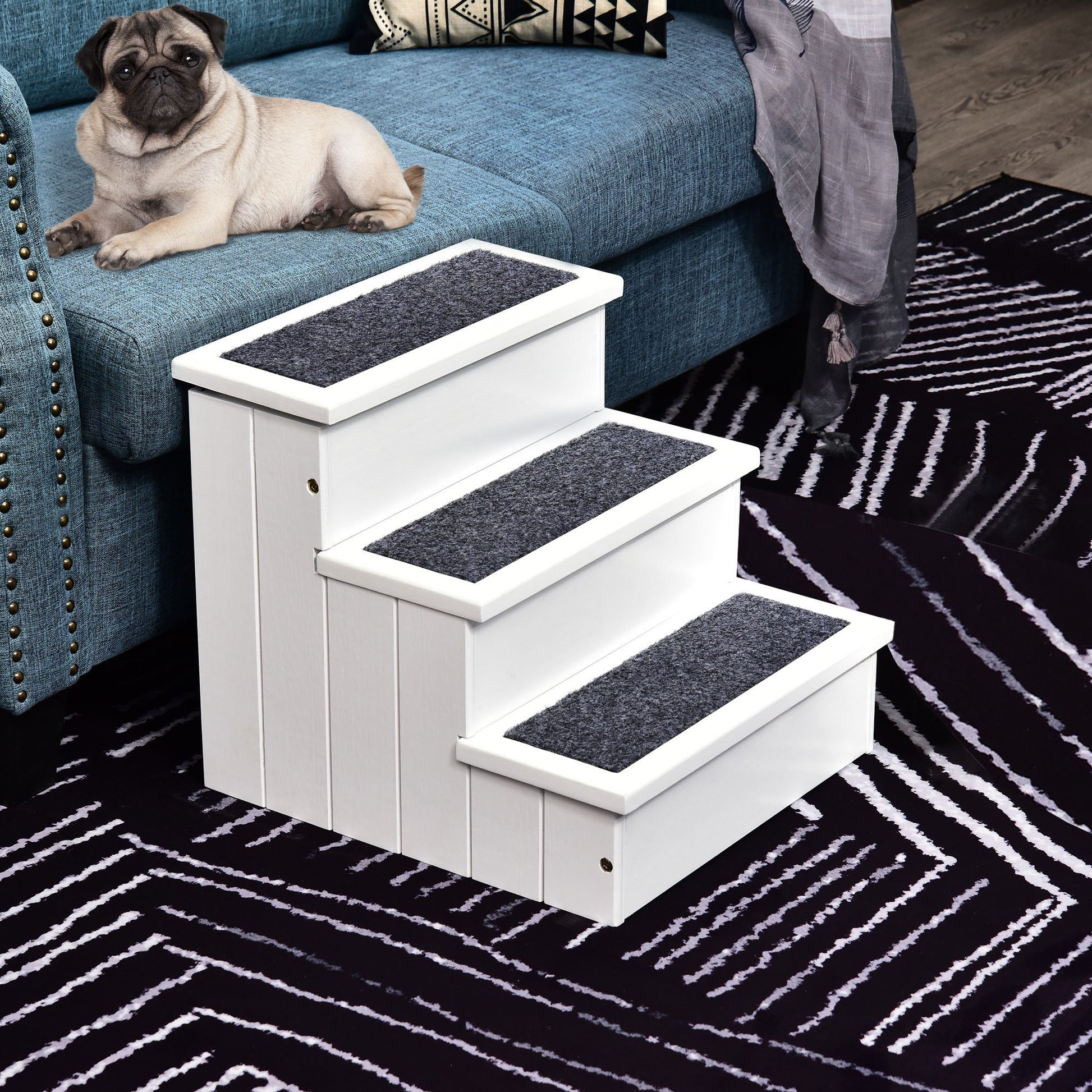 White threestep dog stairs with gray carpeted treads perfect for small dogs