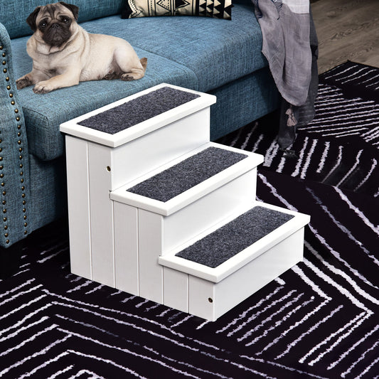 White threestep dog stairs with gray carpeted treads perfect for small dogs