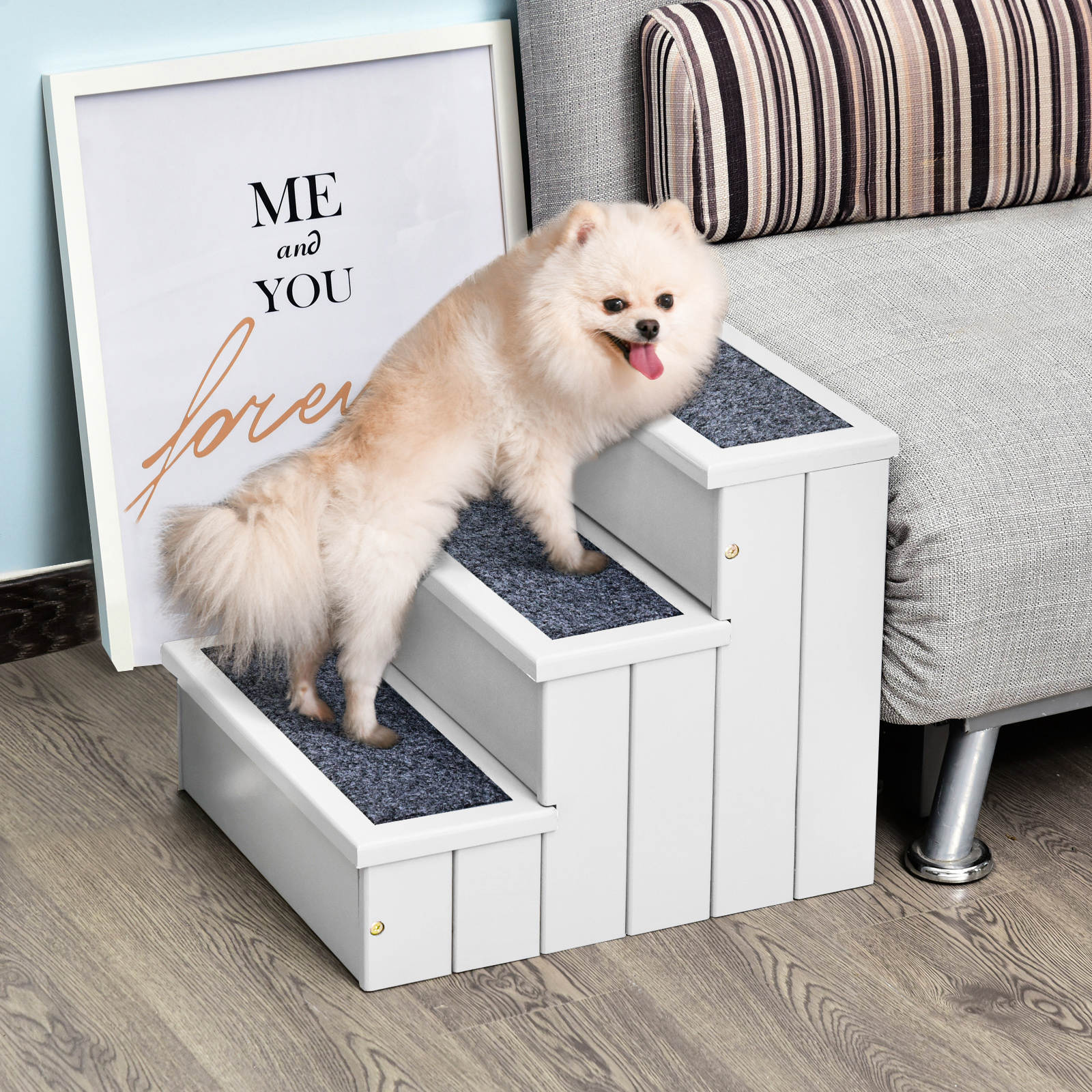 White step pet stairs with grey carpet treads perfect for small dogs