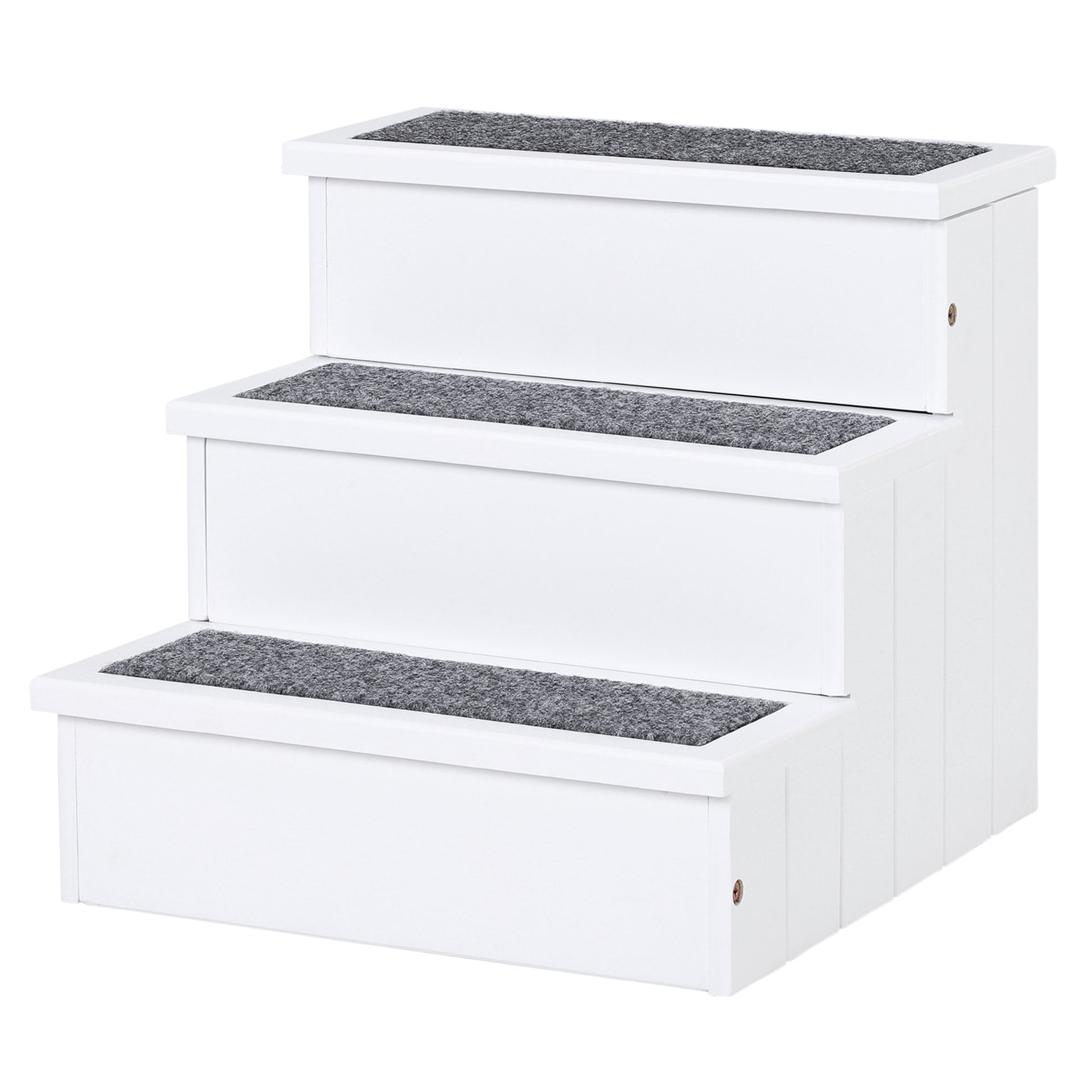 Threetier white pet stairs with nonslip grey carpet for easy access to furniture