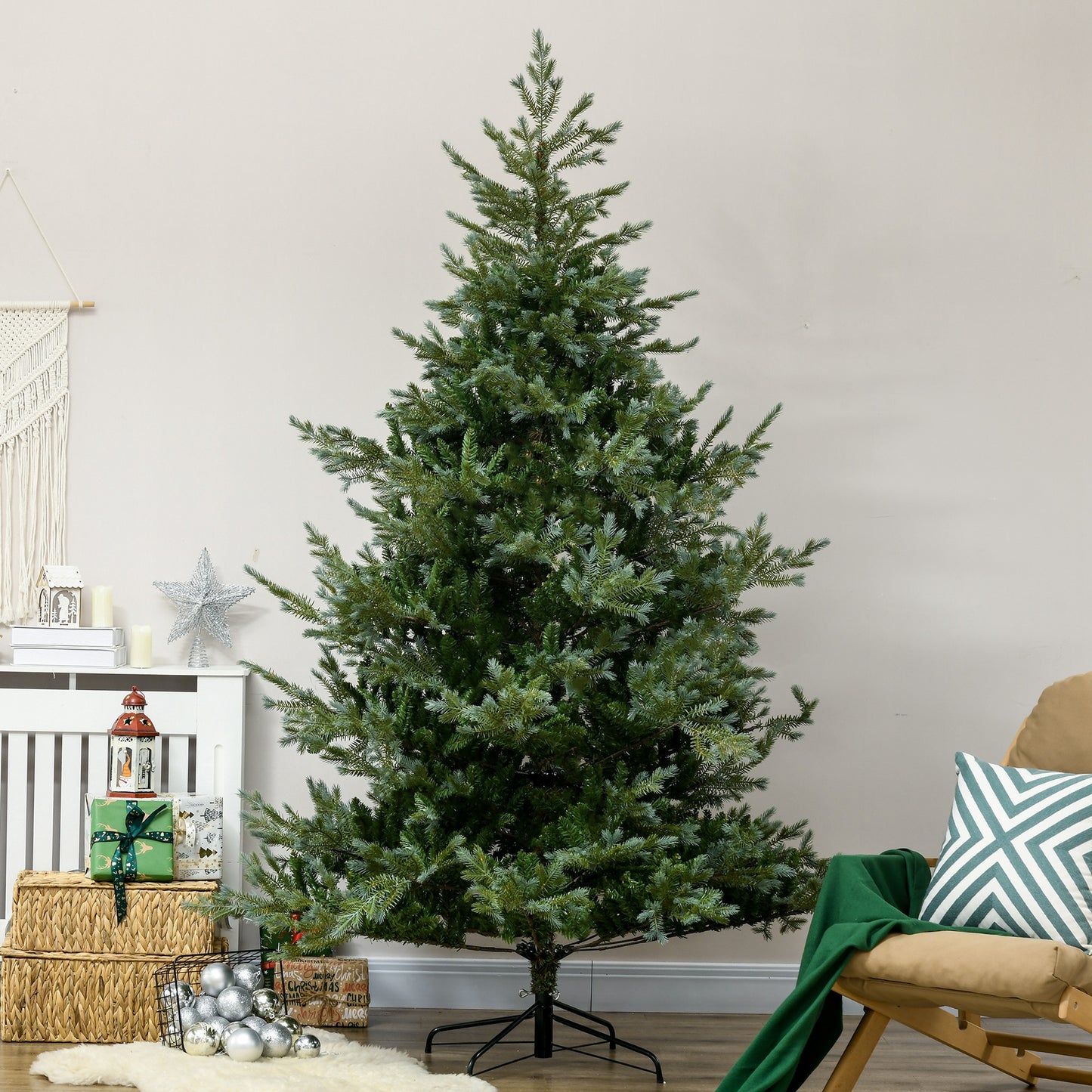 Fullbodied artificial Christmas tree with realistic green foliage and a sturdy base for holiday decor