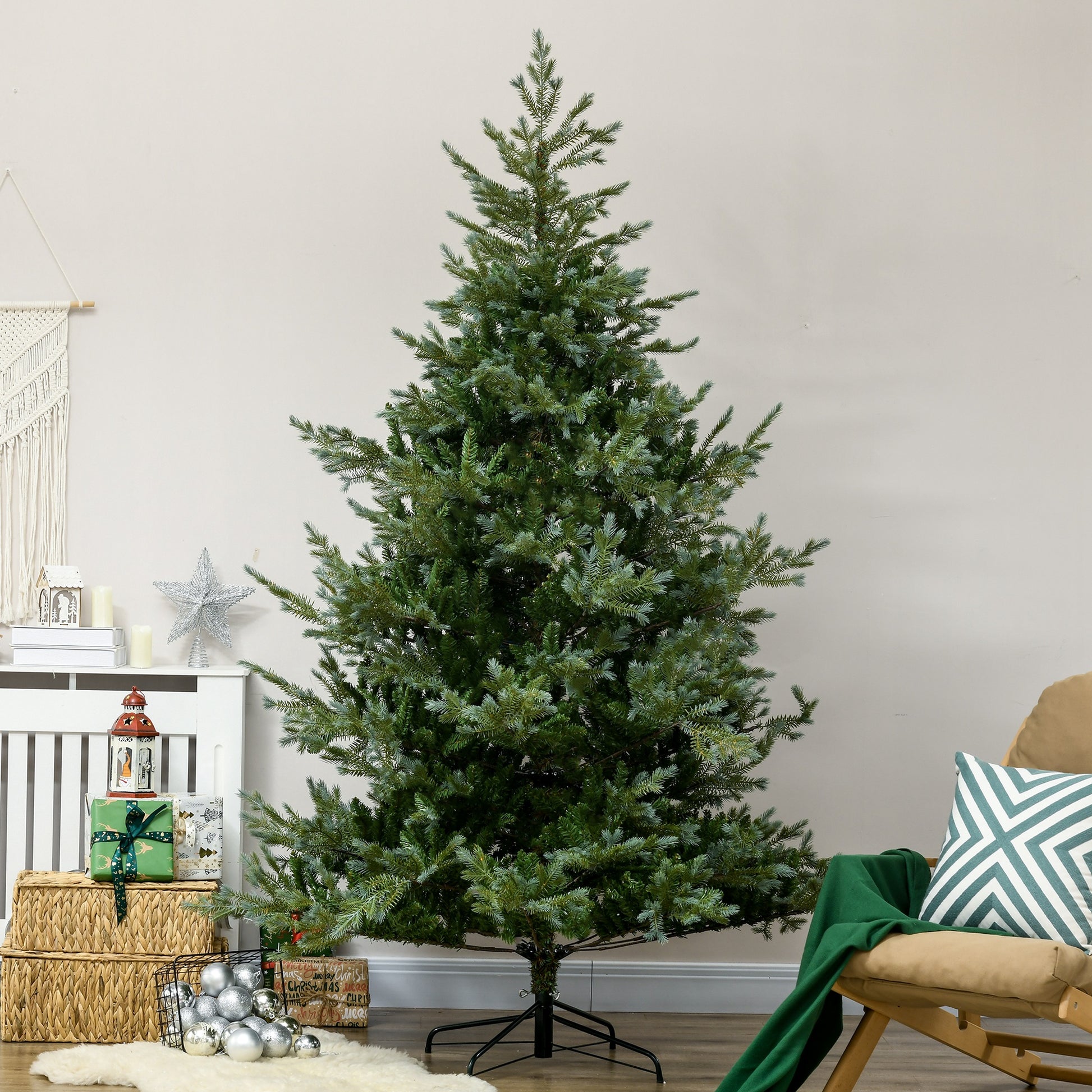 Fullbodied artificial Christmas tree with realistic green foliage and a sturdy base for holiday decor