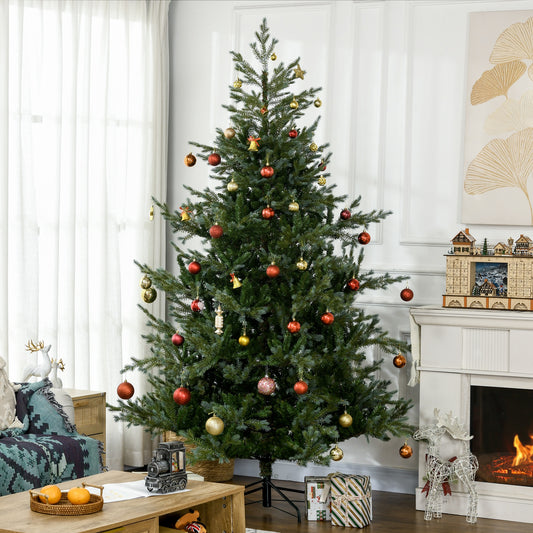 Fully decorated artificial Christmas tree with red and gold ornaments