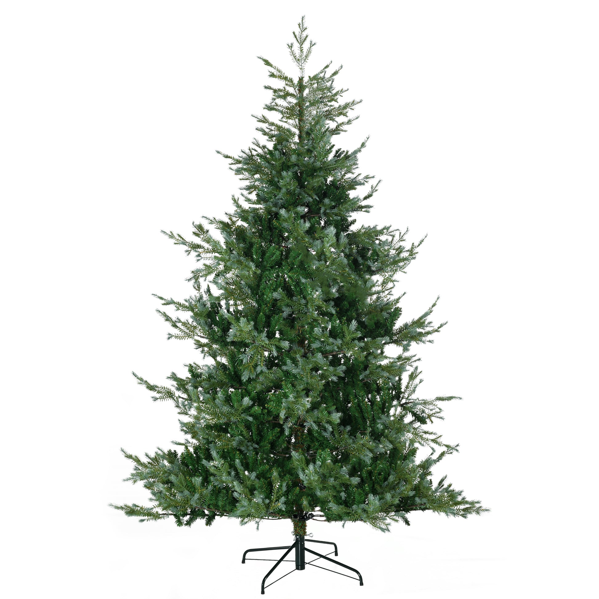 Fluffy green artificial Christmas tree with a metal stand perfect for holiday decorations