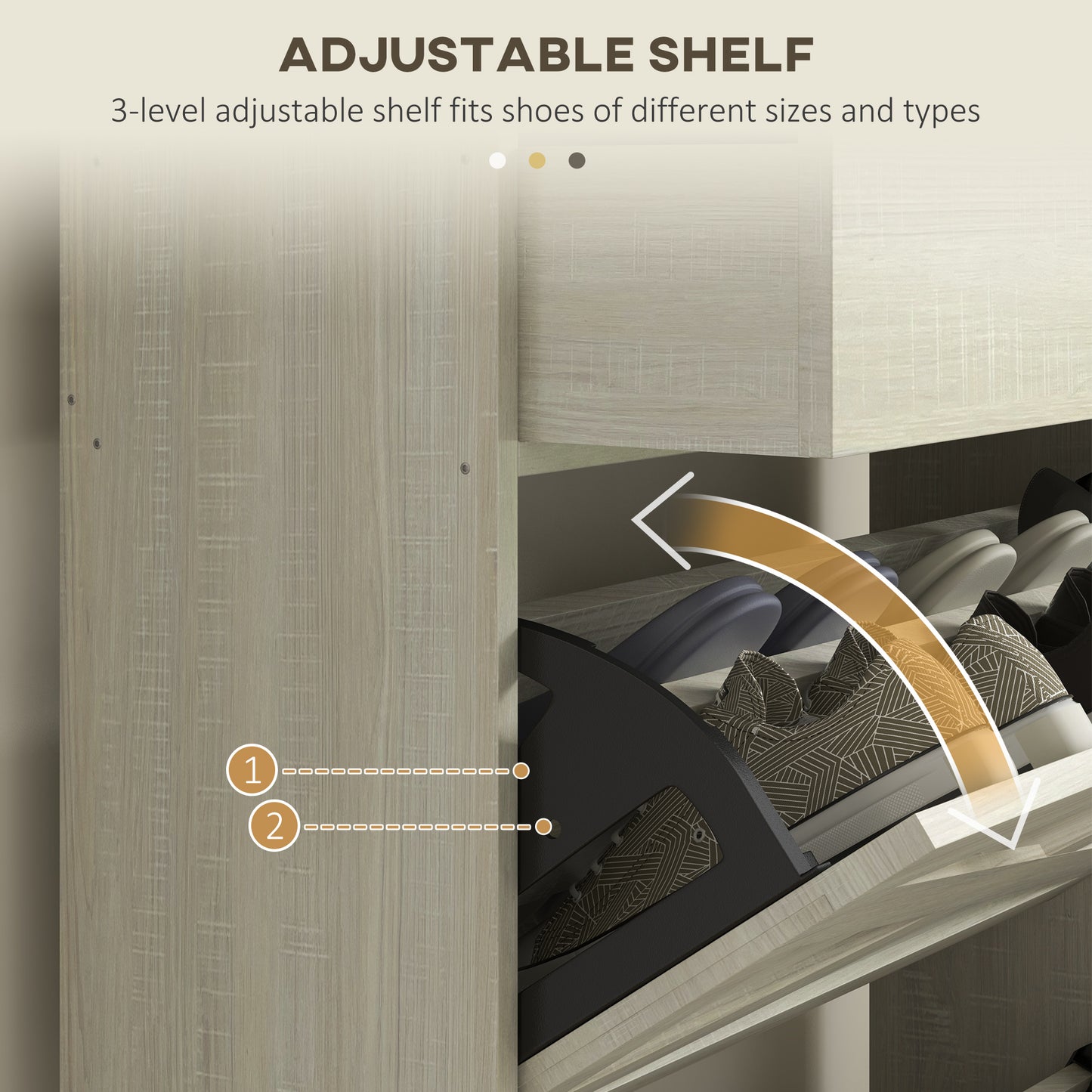 Closeup of a wooden shoe rack drawer with patterned sneakers inside highlighting adjustable shelf feature