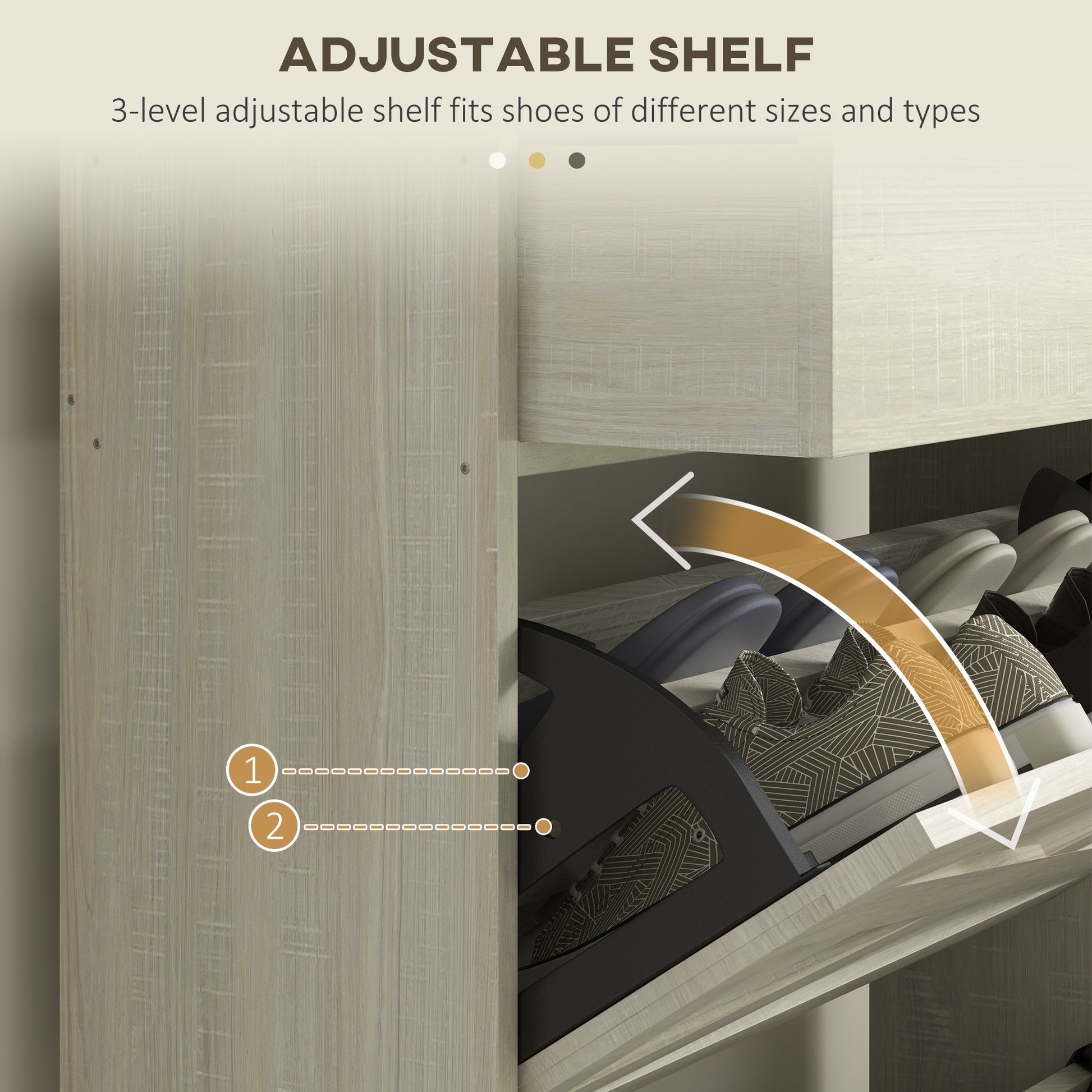 Closeup of a wooden shoe rack drawer with patterned sneakers inside highlighting adjustable shelf feature