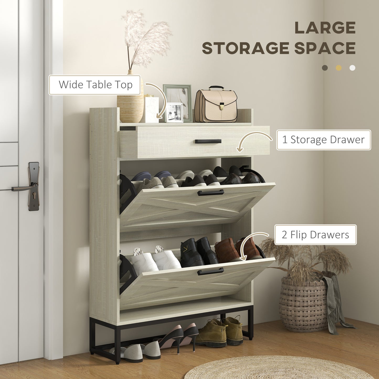 Light wood shoe cabinet with a wide table top one drawer and two flip drawers