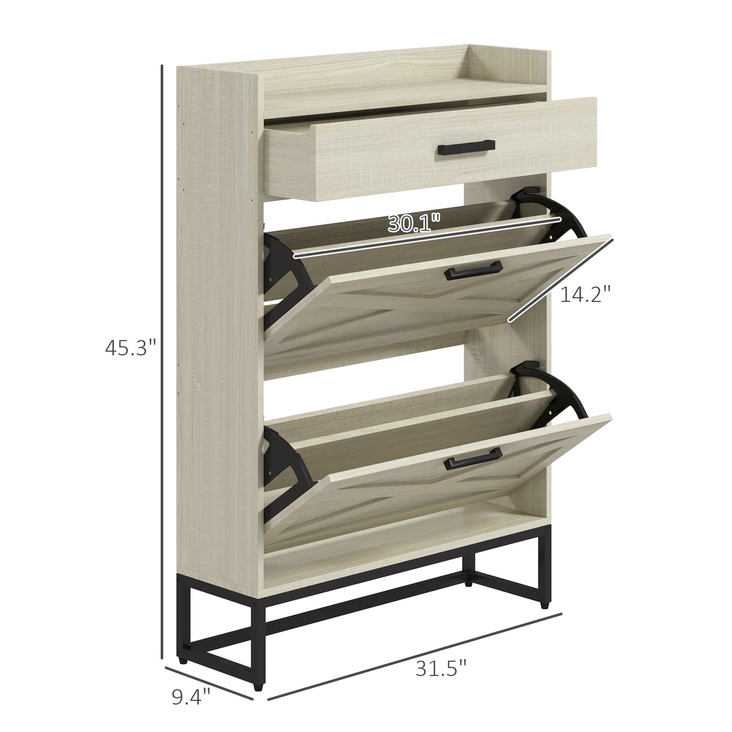 Light oak shoe cabinet with two flipout drawers and a top drawer for entryway storage