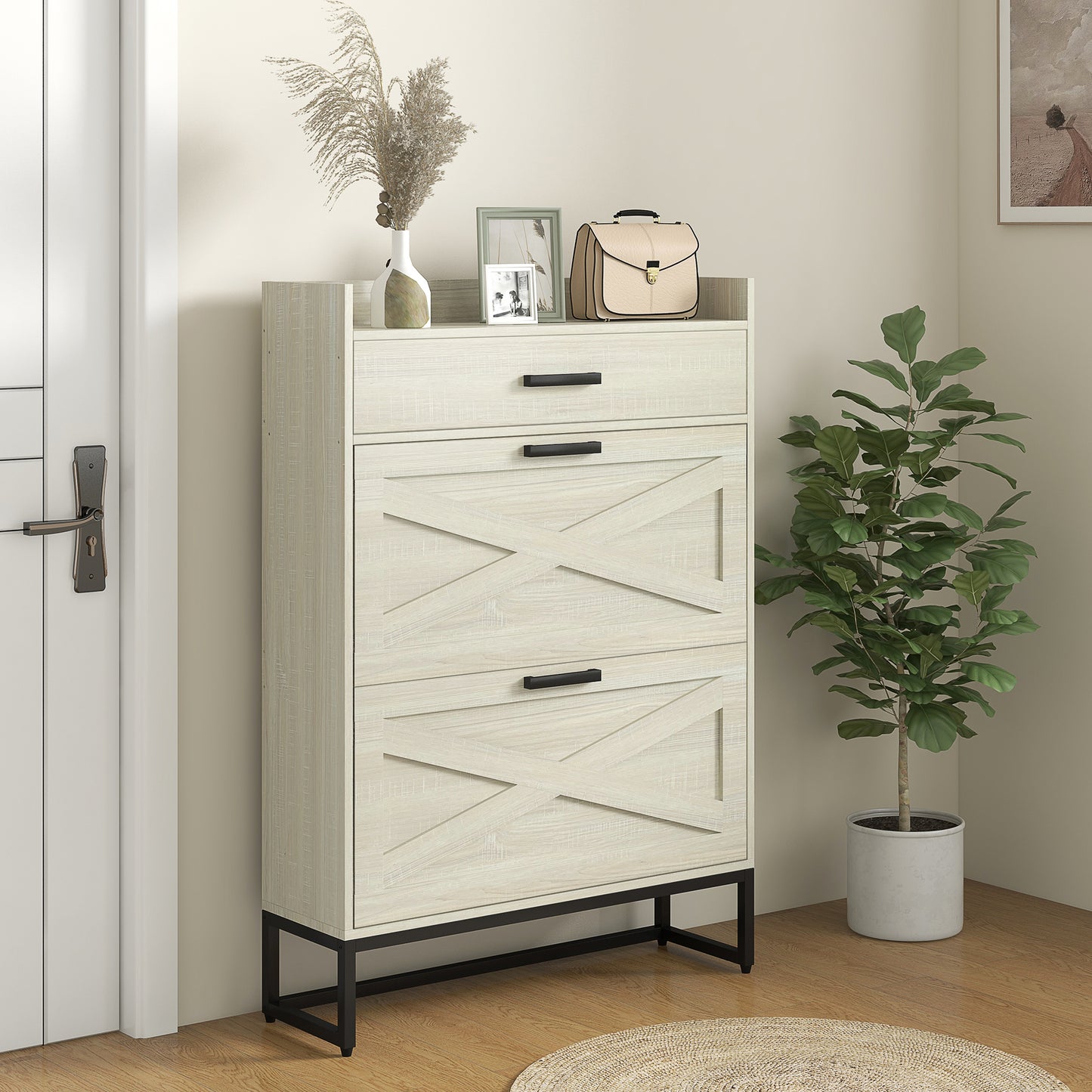 White wood shoe cabinet with crisscross door design and black handles