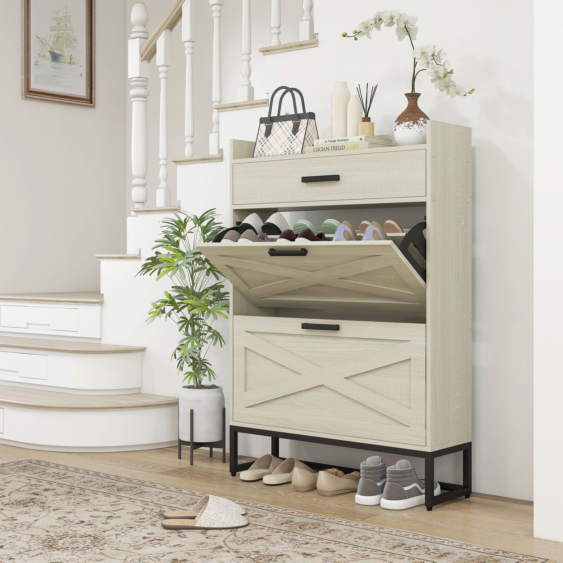 Light wood entryway shoe cabinet with multiple tiers and crossdesign doors