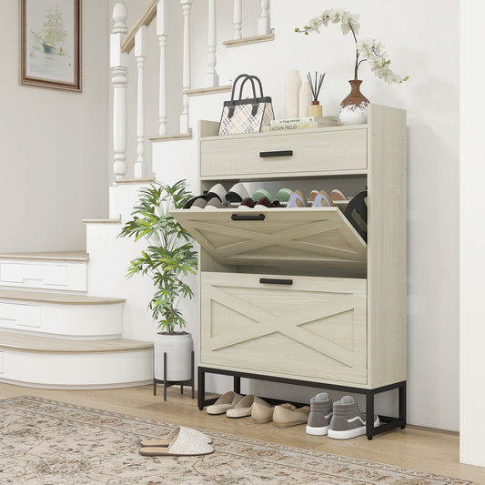Light wood entryway shoe cabinet with multiple tiers and crossdesign doors
