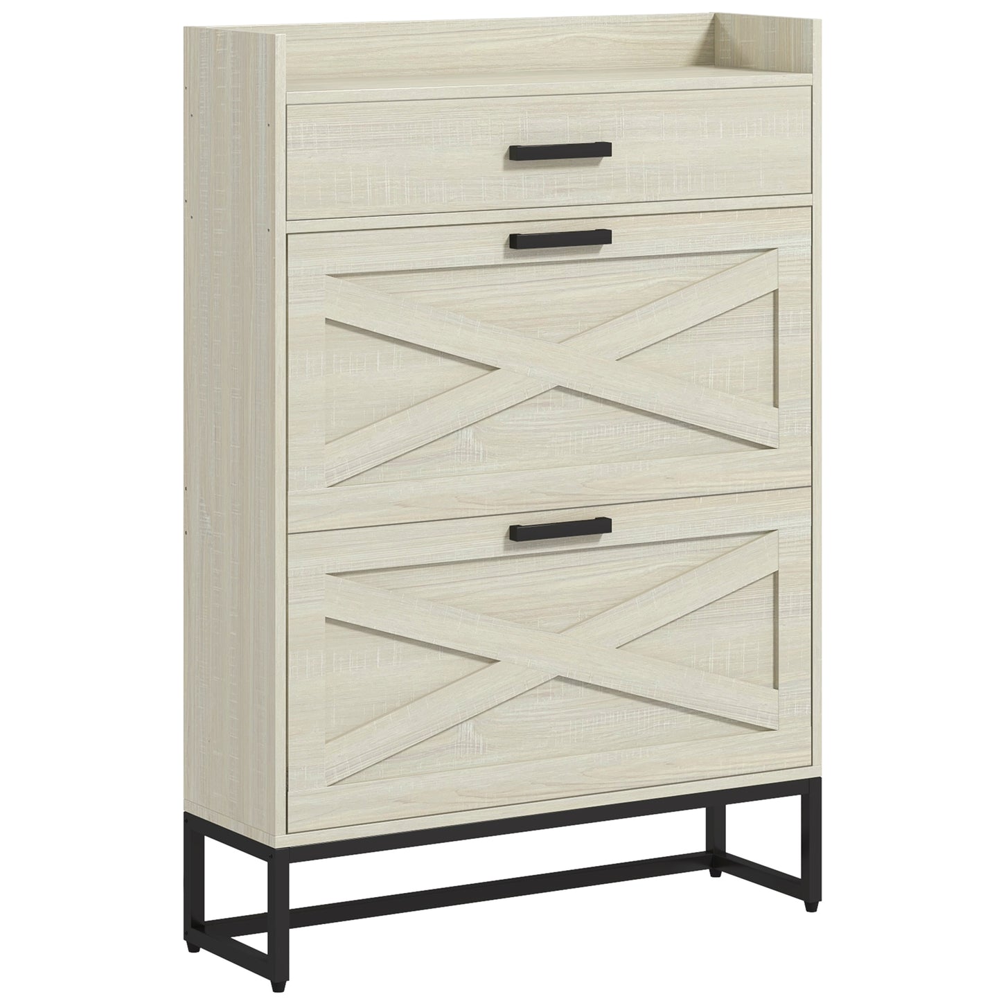 Modern white wood shoe cabinet with two Xdesign doors and black metal legs