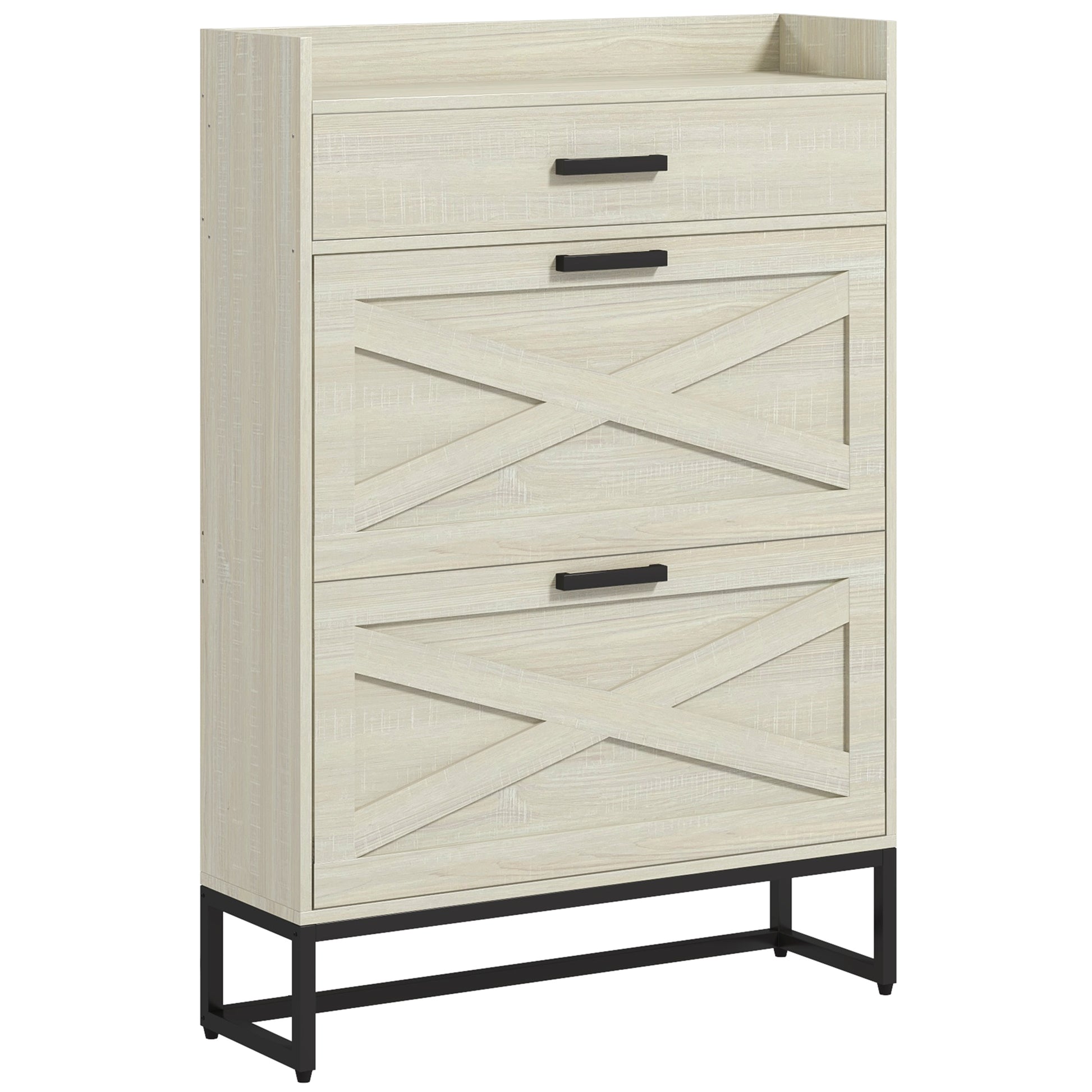 Modern white wood shoe cabinet with two Xdesign doors and black metal legs