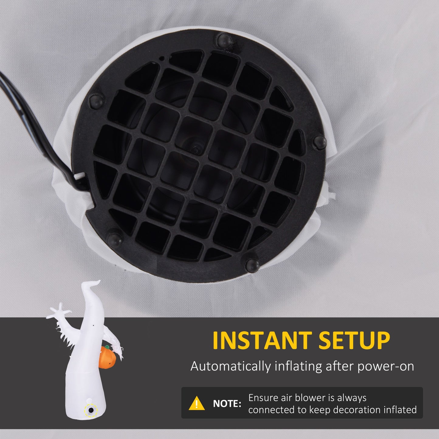 Closeup of black blower fan grille with wire on white fabric for inflatable decoration