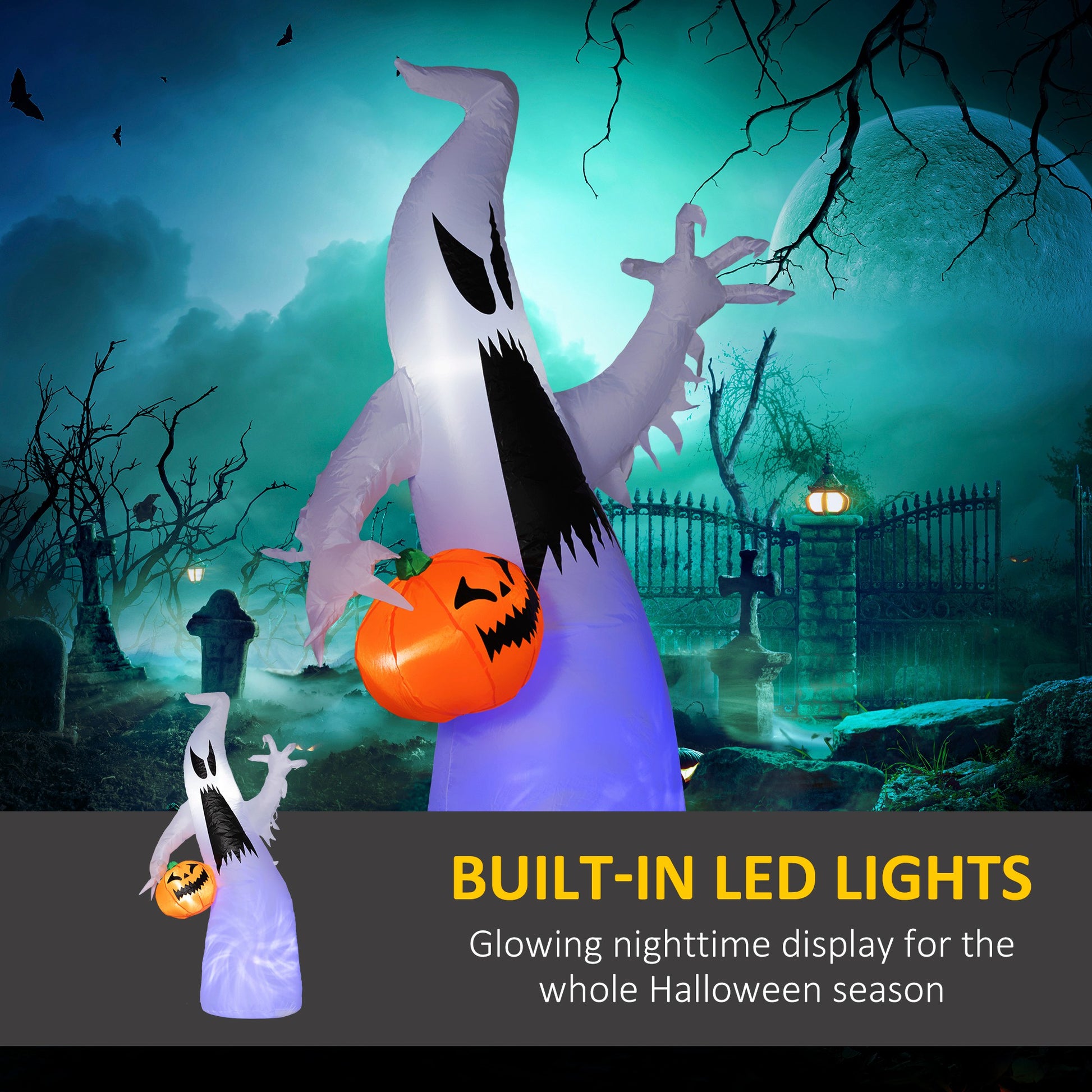 Inflatable ghost decoration with pumpkin featuring glowing LED lights for Halloween