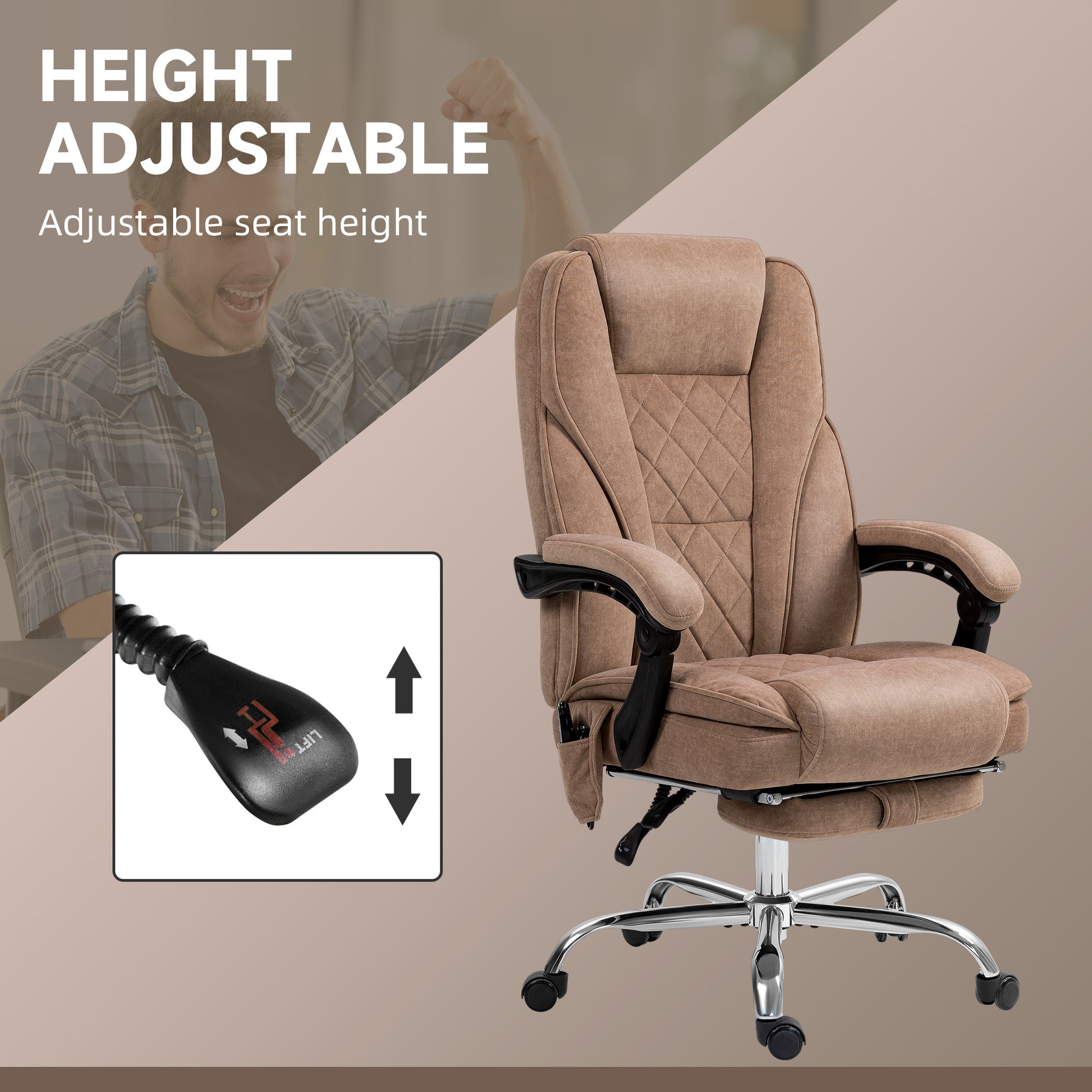 Tan fabric office chair with adjustable height lever and footrest