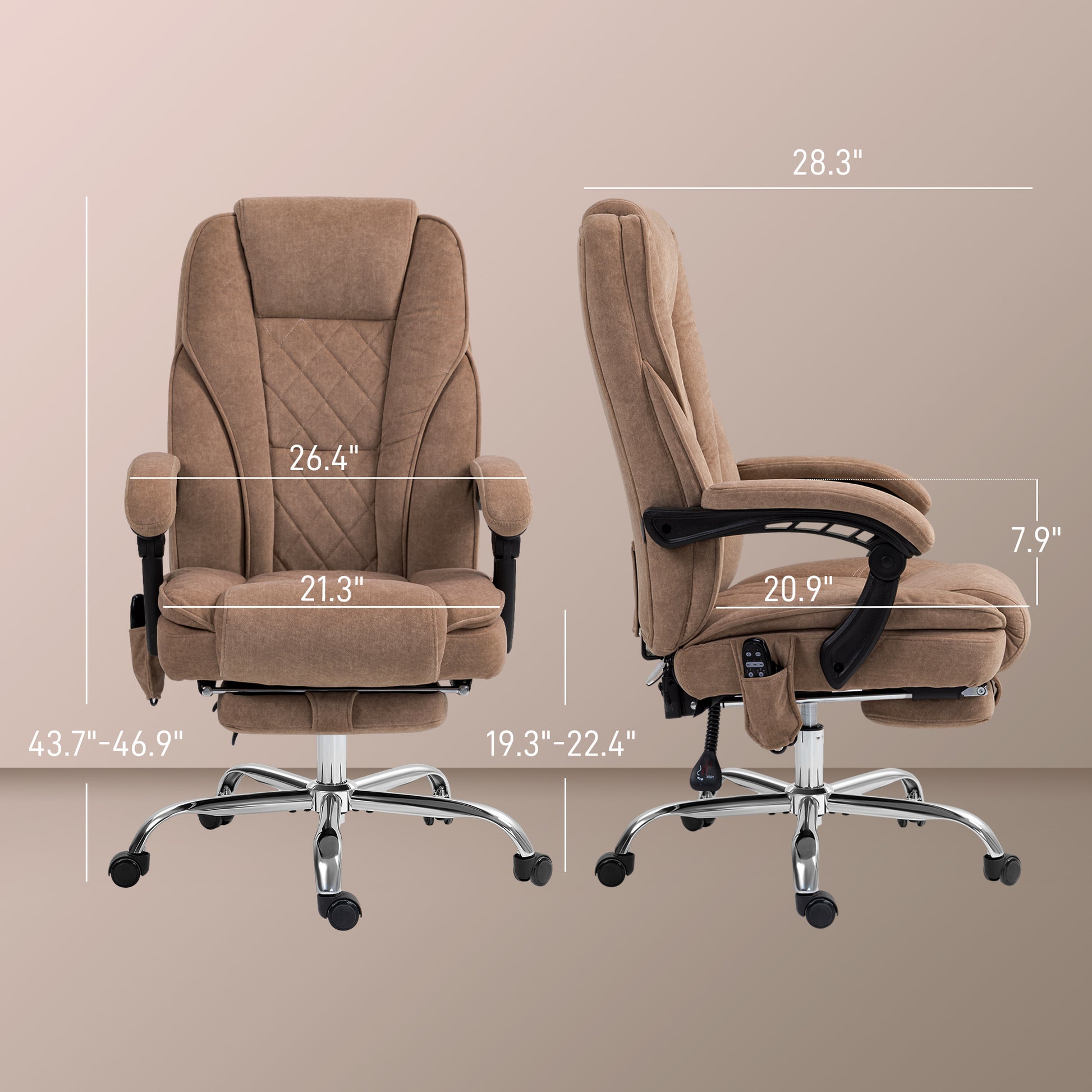 Taupe fabric executive chair with retractable footrest and diamond tufting on seat and back