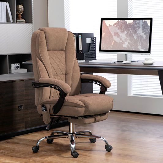 Tan fabric executive office chair with quilted back and retractable footrest